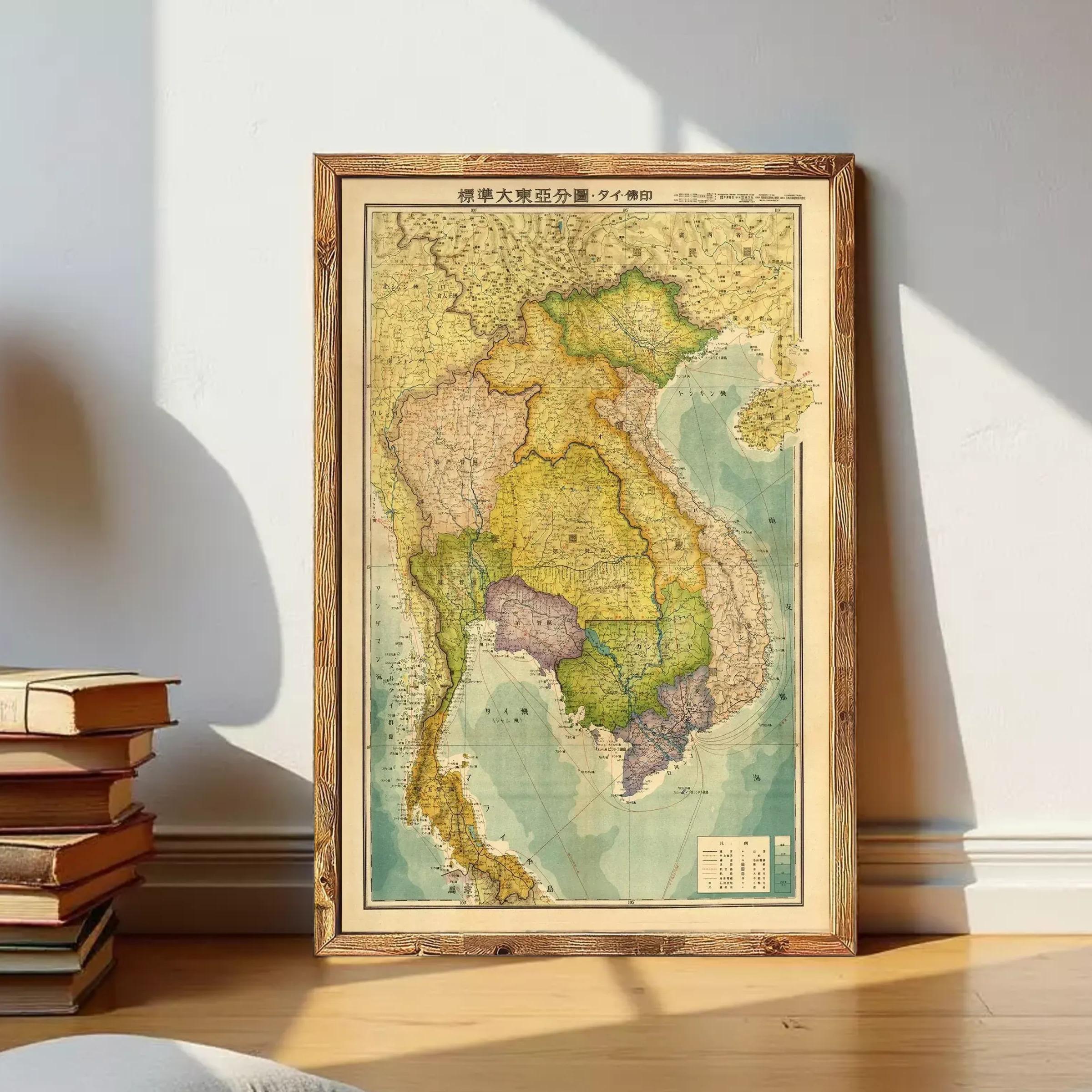 The image is a framed vintage map of Southeast Asia, including countries such as Thailand, Vietnam, and Laos.
