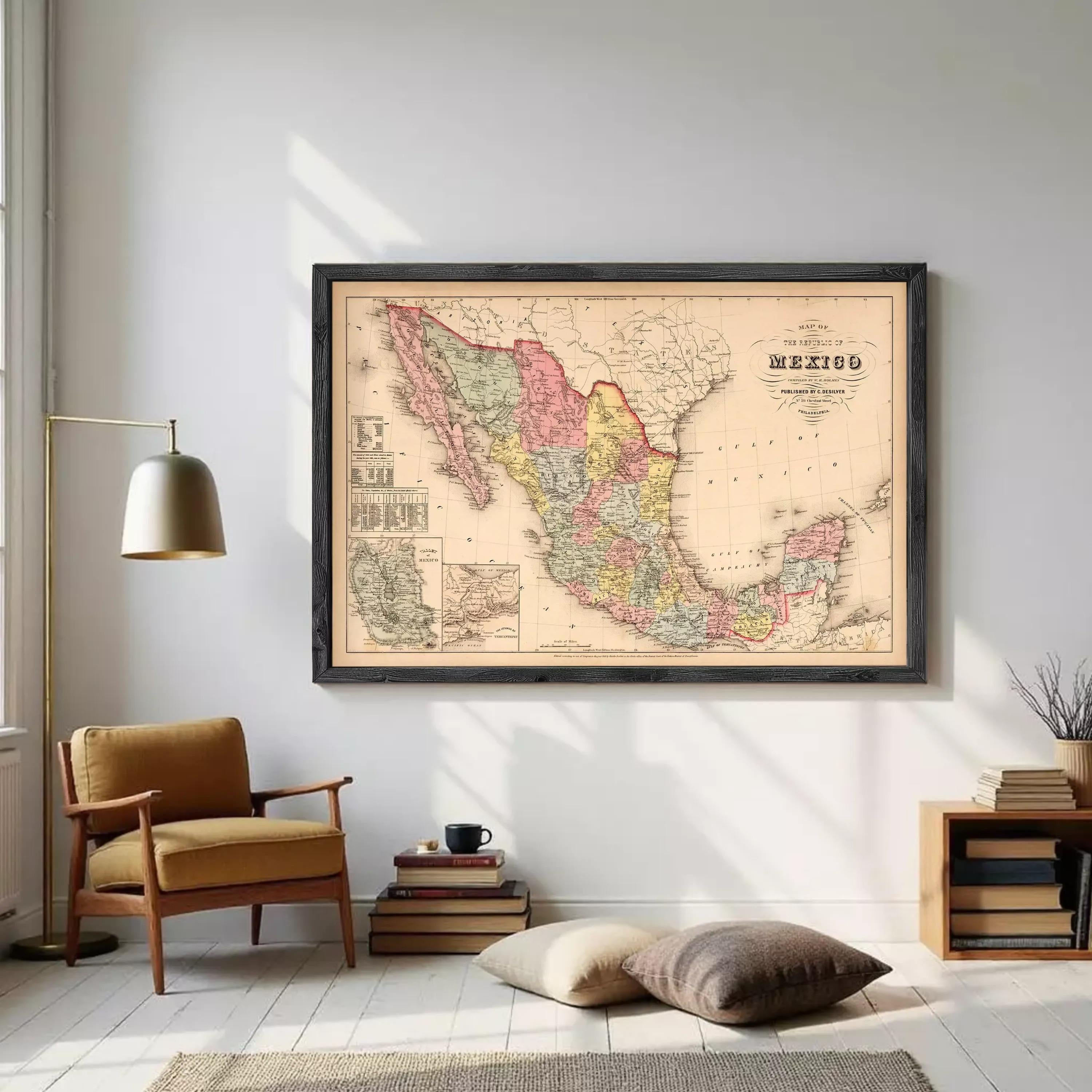 The image is a framed vintage map of Mexico, depicting the country's geographical layout and boundaries.