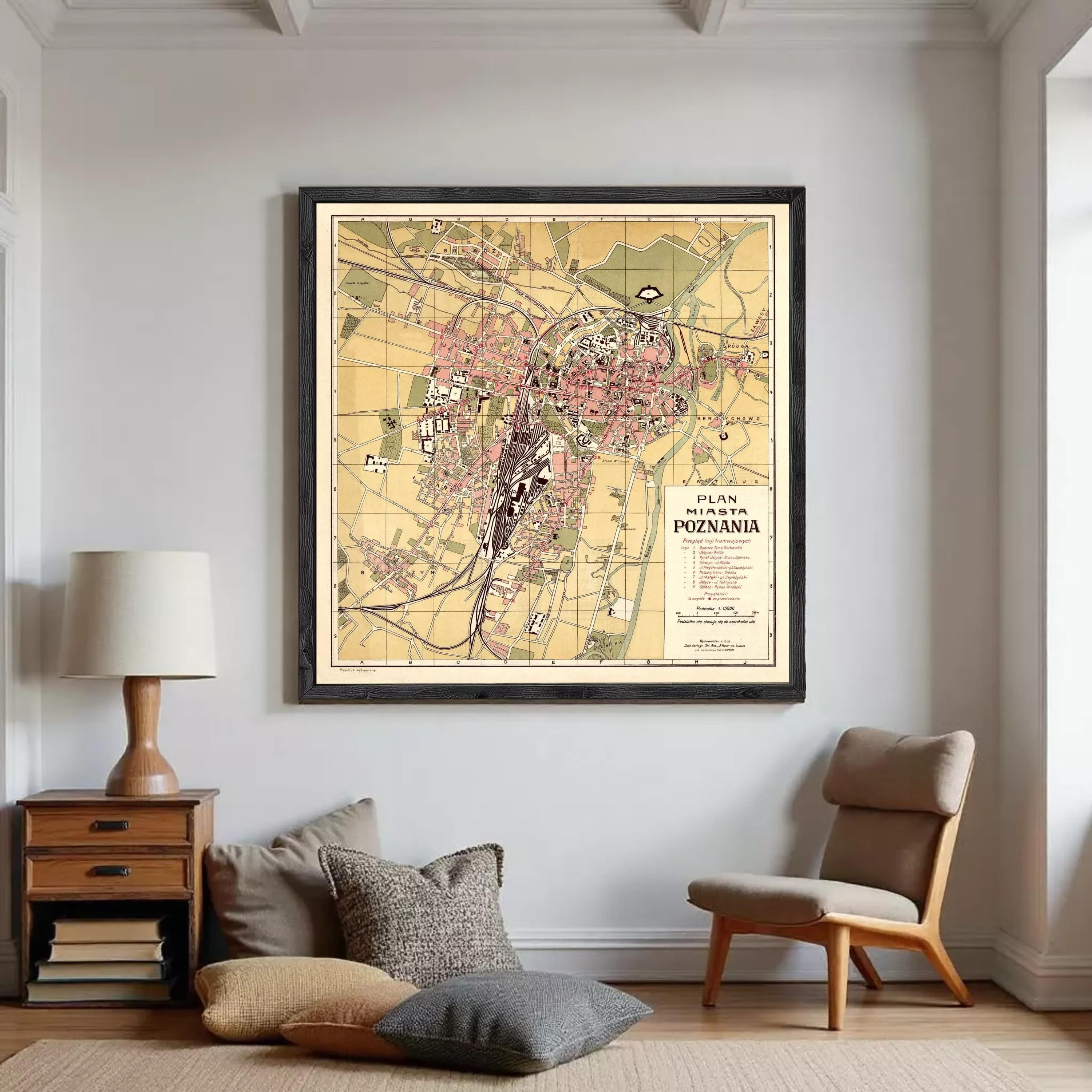 The image is a framed map of the city of Poznan, Poland, depicting the layout and various landmarks within the city.