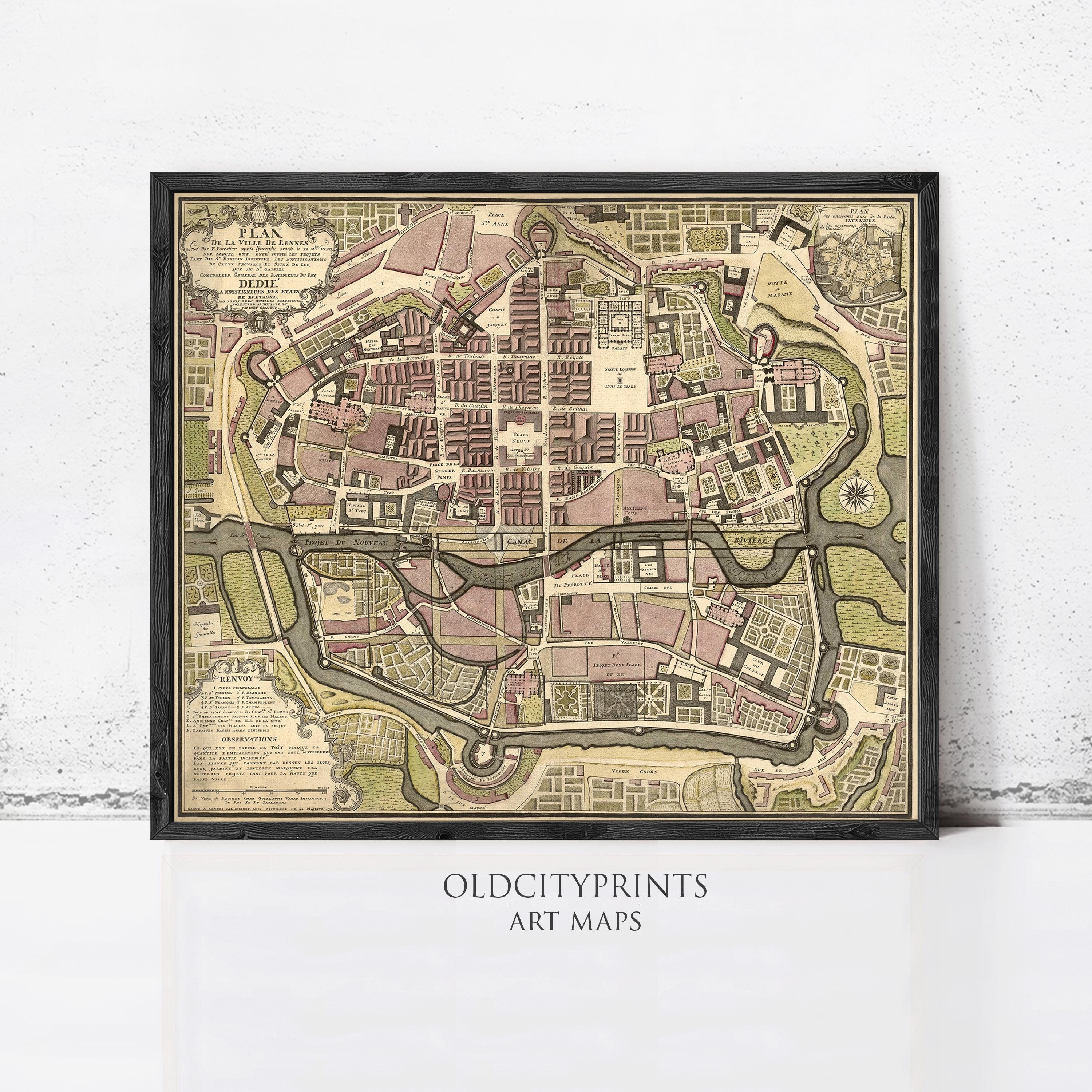 The image is a framed vintage map of a city, likely from the 16th century, with detailed cartography and a focus on the layout and organization of the urban area.