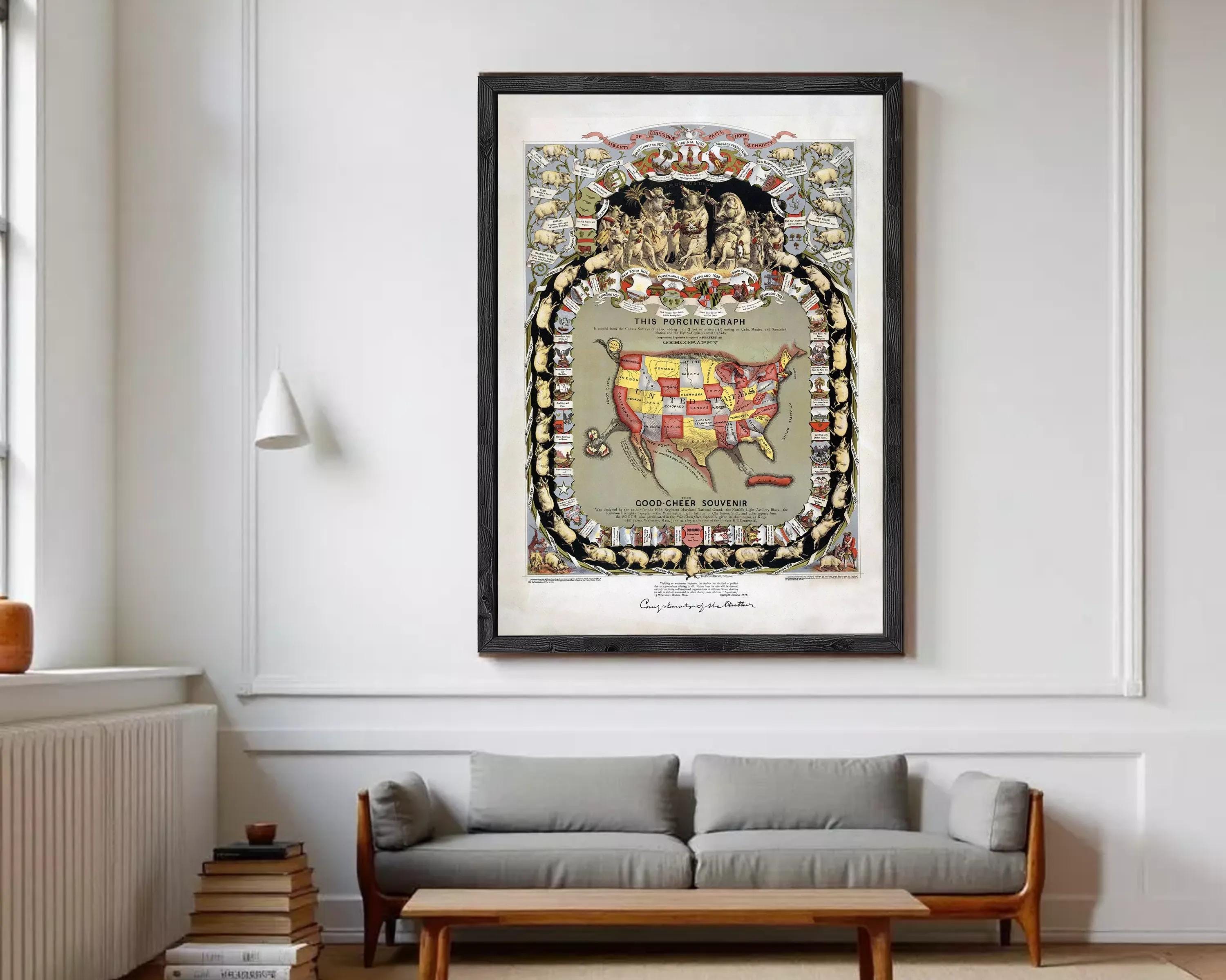 The image is a framed vintage map of the United States, depicting a detailed and colorful illustration of the country.