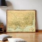 The image is a framed vintage map of Australia and New Zealand, depicting the geographical layout of the region in a detailed and historical style.
