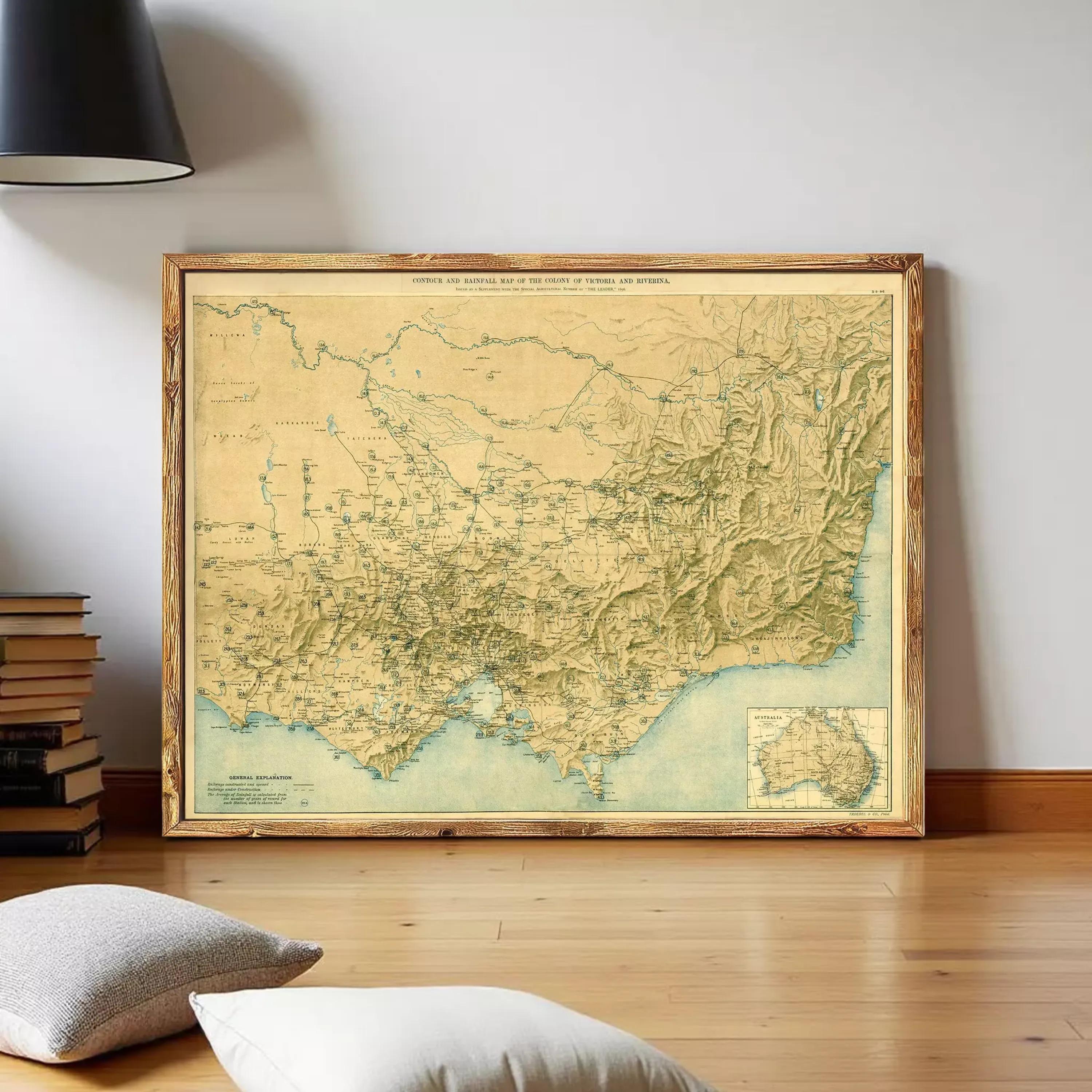 The image is a framed vintage map of Australia and New Zealand, depicting the geographical layout of the region in a detailed and historical style.
