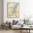 a living room with a large framed map of Lake Titicaca hanging on the wall above a couch with pillows. The room also includes a coffee table with books and a vase of greenery.