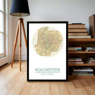 A framed map of Rochester, New York, with the city's location and coordinates displayed.
