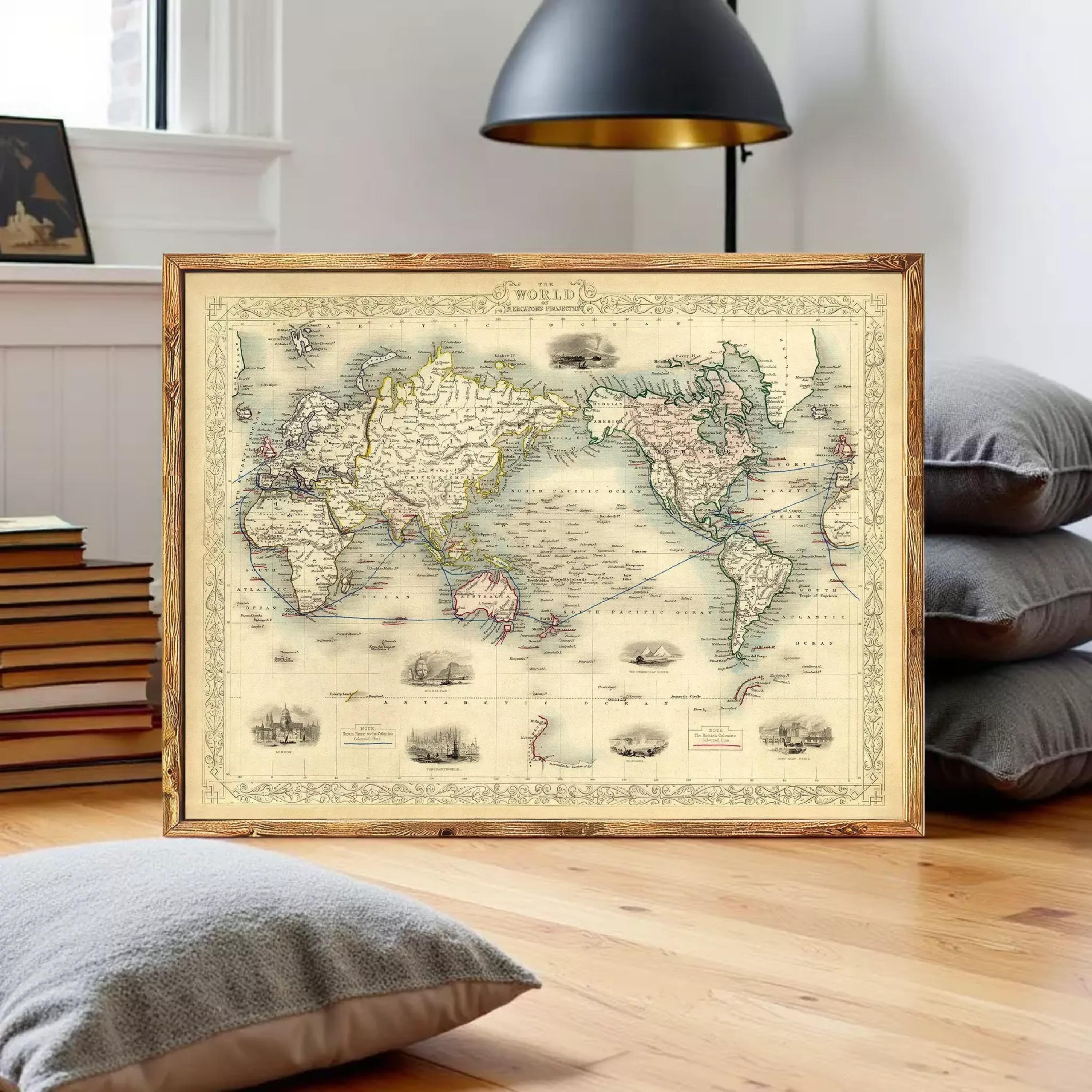 The image is a framed vintage map of the world, depicting various countries and regions in a detailed and intricate manner.