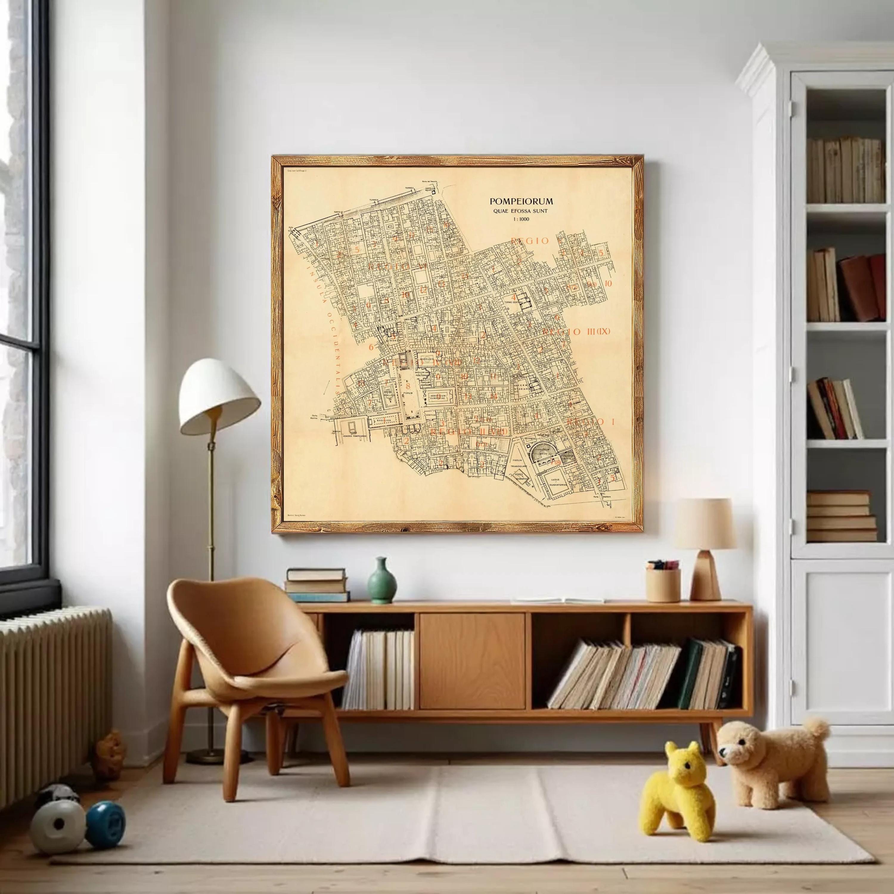 The image is a framed map of the city of Pompeii, Italy, depicting the layout and layout of the city in a detailed and historical manner.