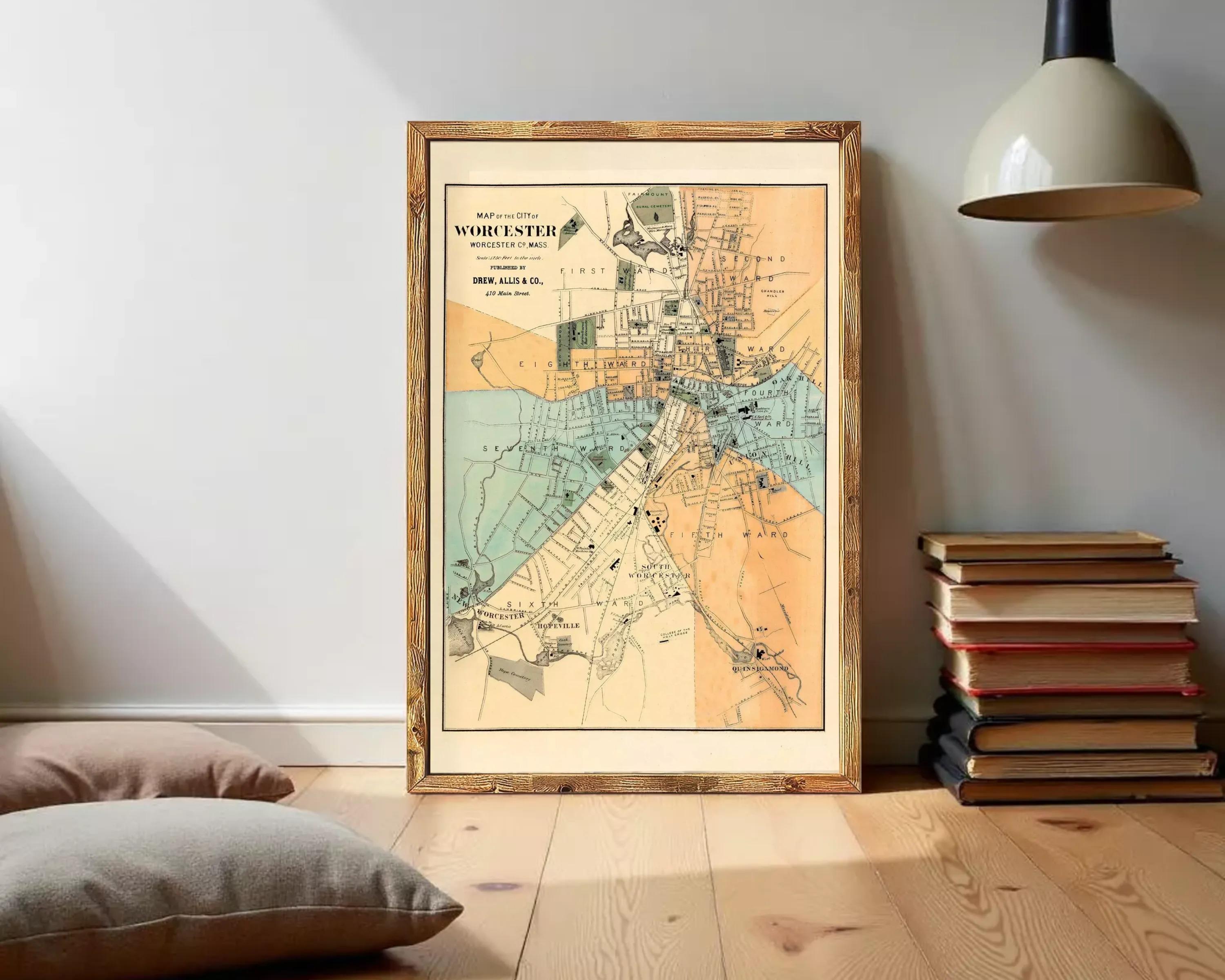 The image is a framed vintage map of the city of Worcestershire, England, dated 1873.