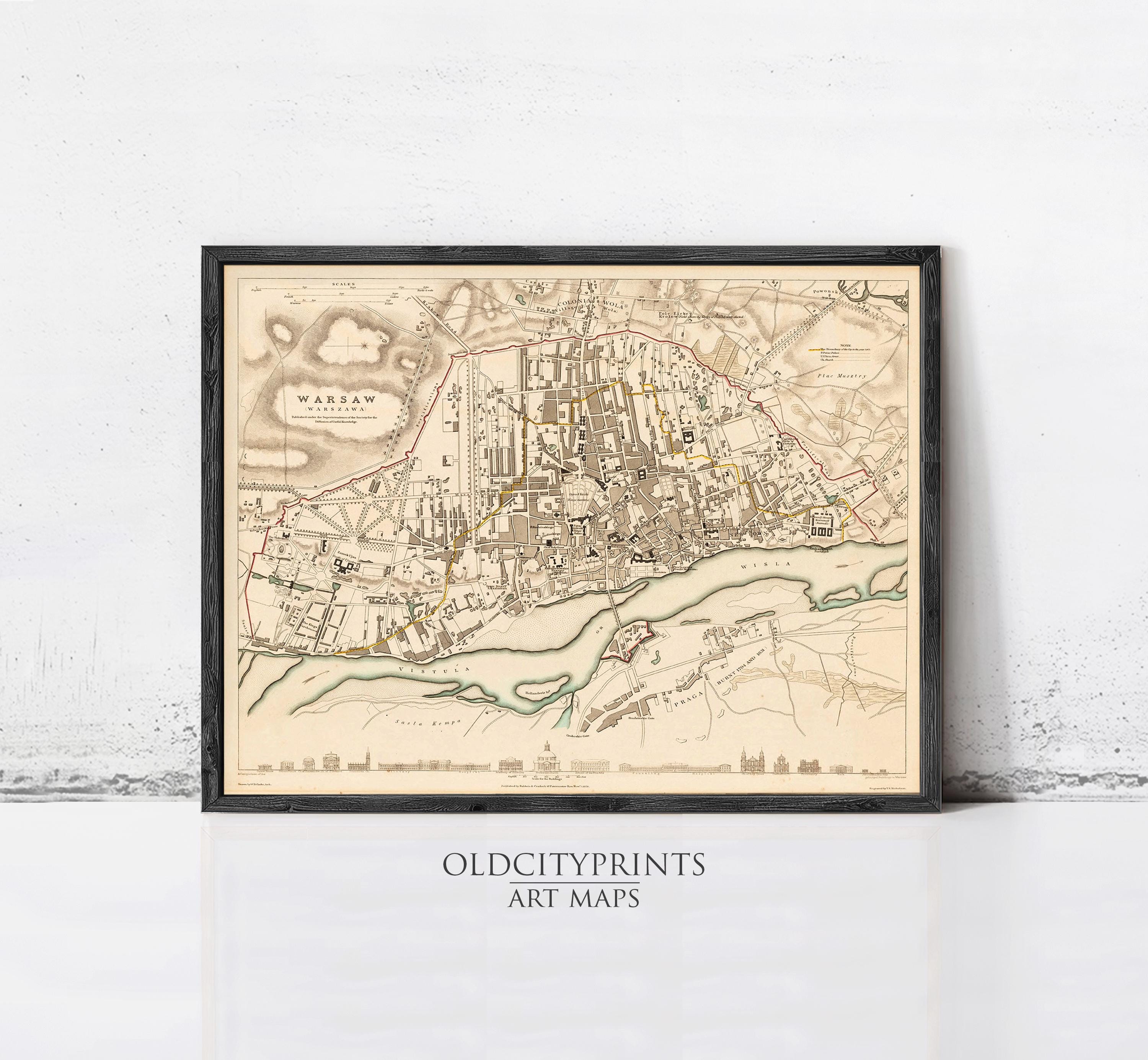 The image is a framed vintage map of Warsaw, Poland, depicting the city's layout and surrounding areas.