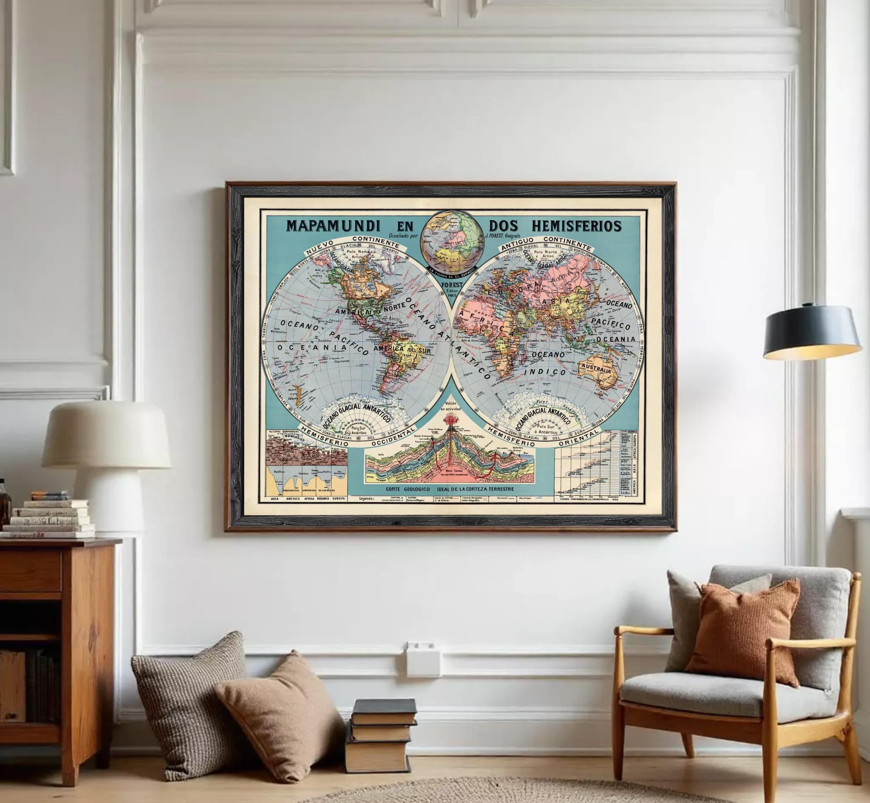 The image is a framed vintage map of the world, depicting hemispheres and continents.