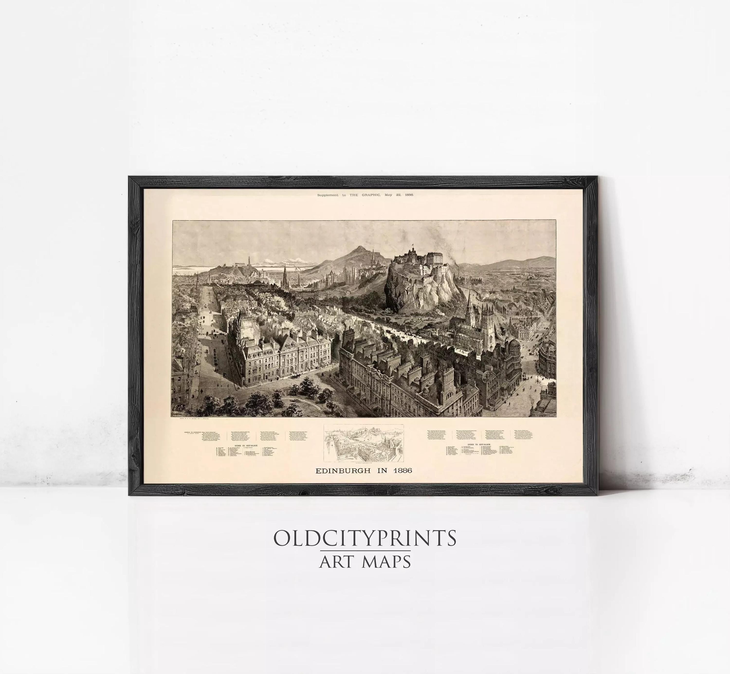 The image is a framed art print depicting a detailed cityscape, likely of Edinburgh, Scotland, with various buildings and landmarks.