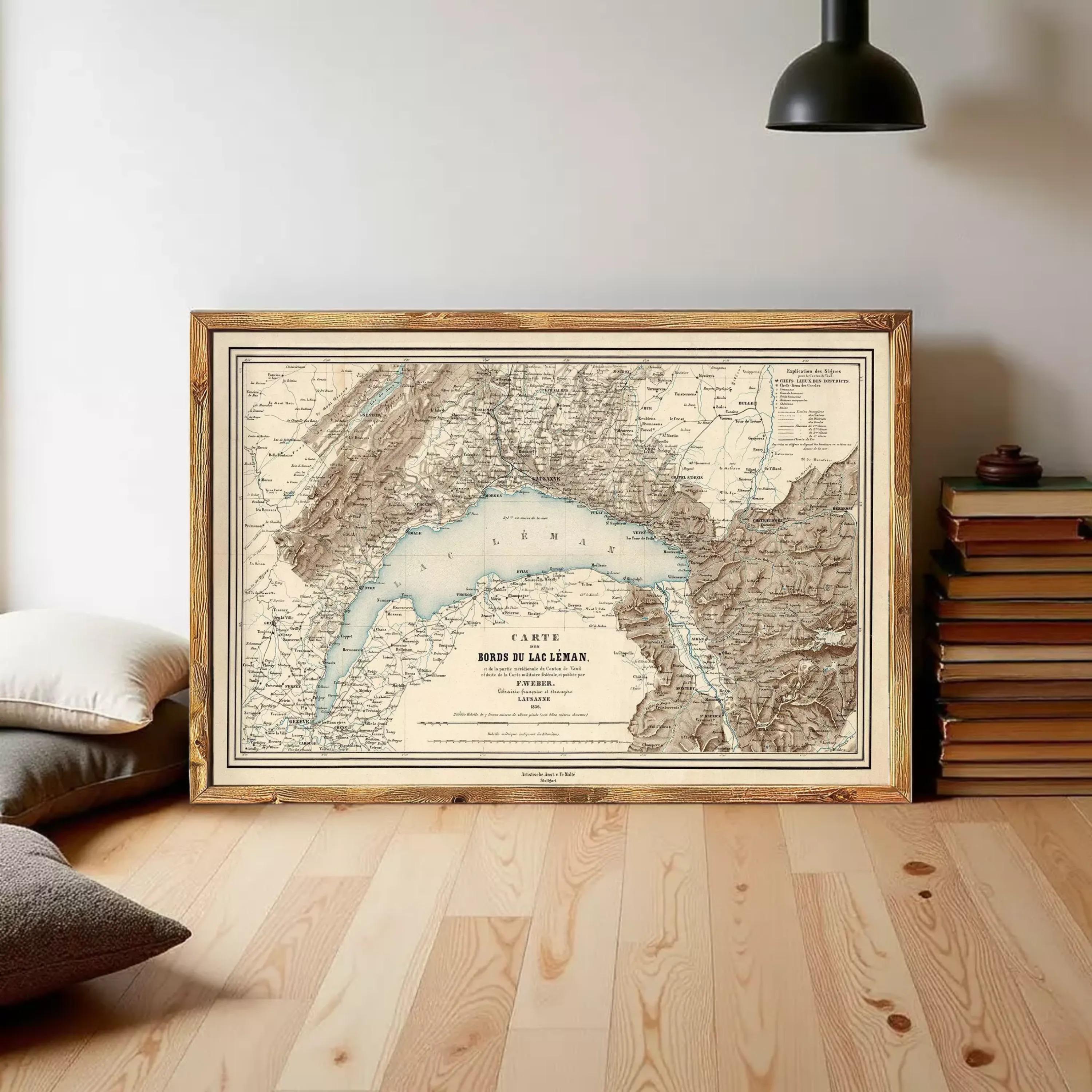 The image is a framed vintage map of the Swiss Alps, depicting the region in a detailed and intricate manner.