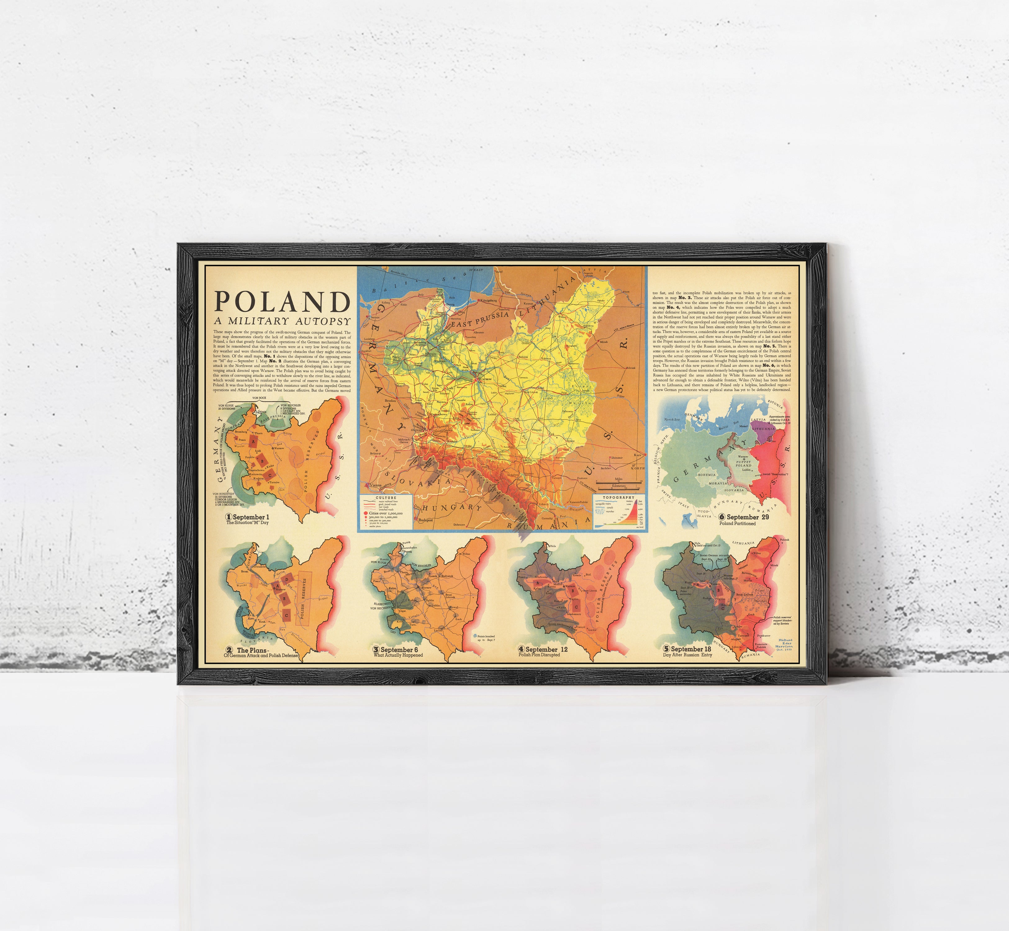 A framed map of Poland, depicting the country's military autony or military history, with various maps and labels showing different regions and zones within Poland.
