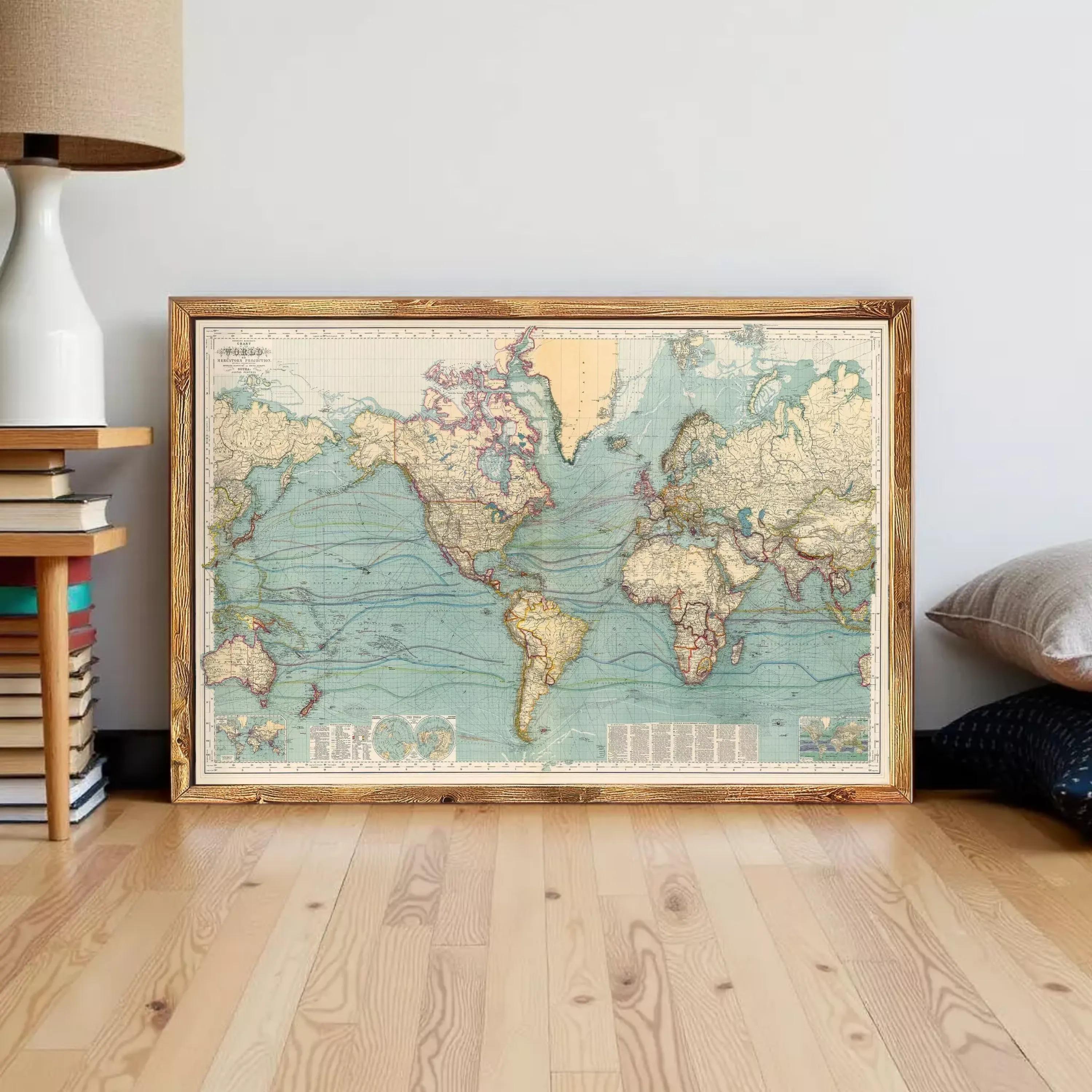 The image is a framed vintage map of the world, depicting the continents and oceans in a detailed and colorful manner.