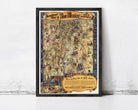 The image is a framed vintage map of New Mexico, depicting various landmarks and locations across the state.