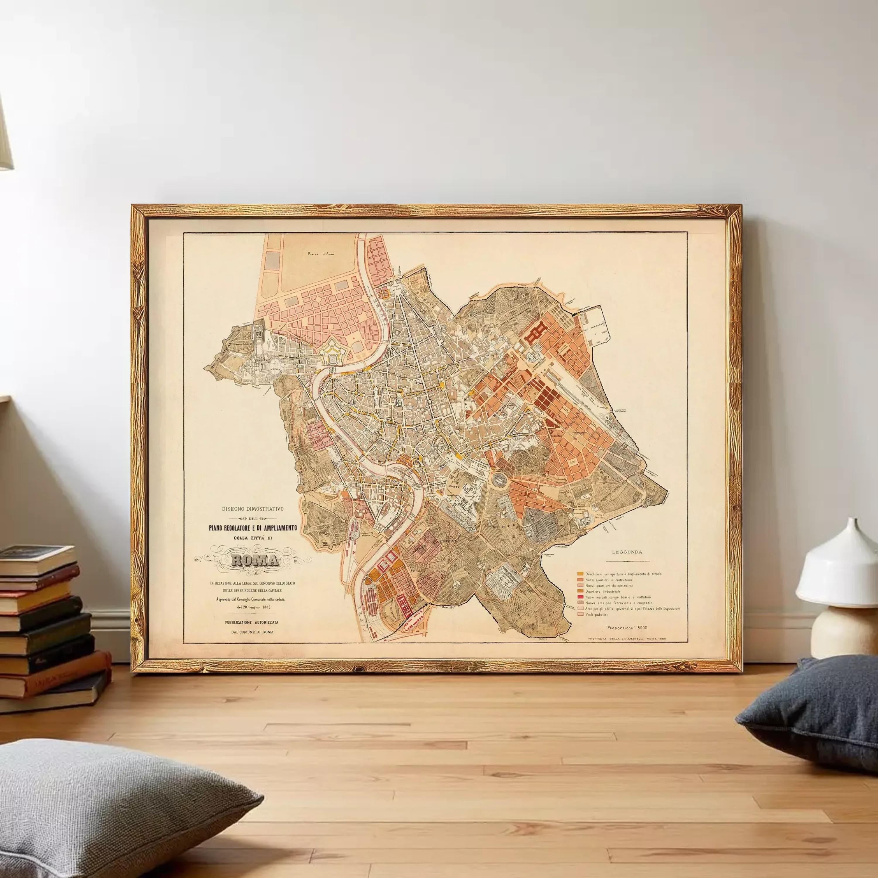 The image is a framed map of Rome, Italy, depicting the city's layout and surrounding areas.