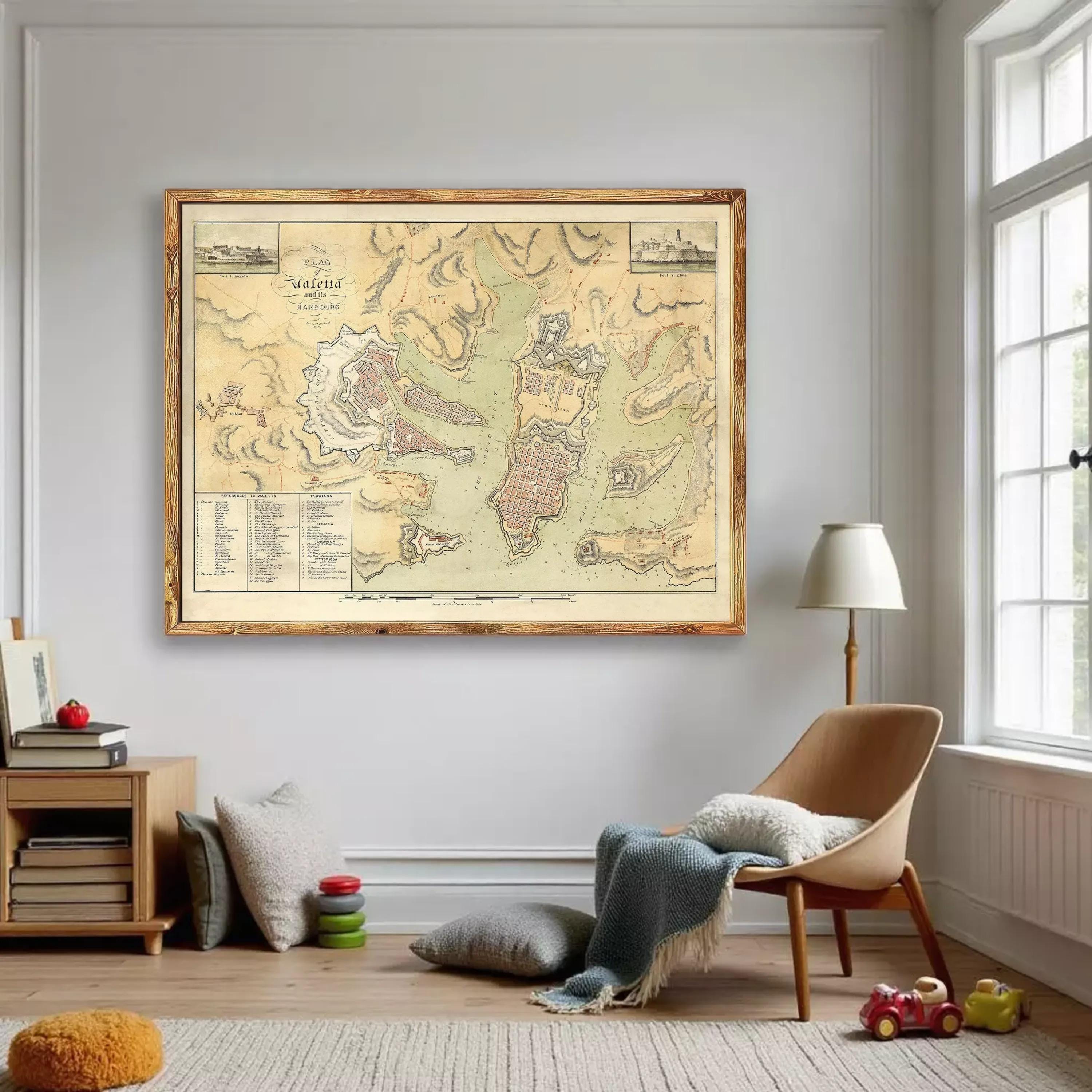 The image is a framed historical map of a region, likely depicting a city or town.
