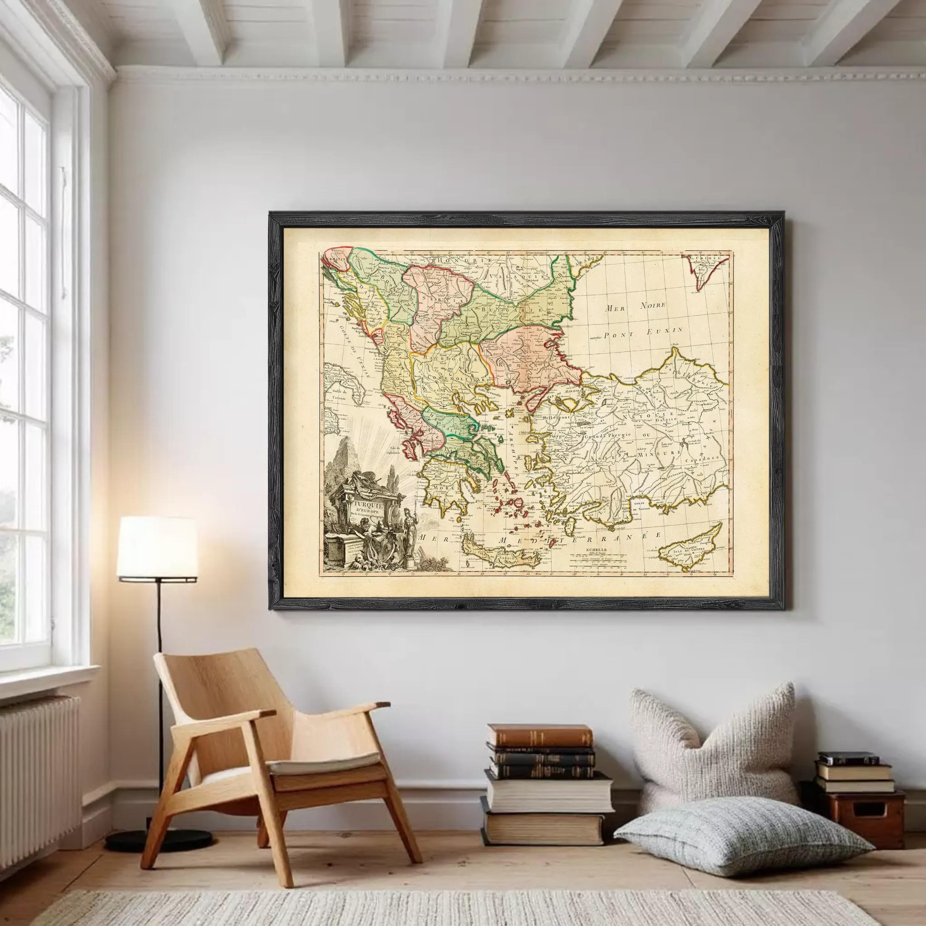 The image is a framed antique map of Europe, depicting the countries and regions of the continent in a vintage style.
