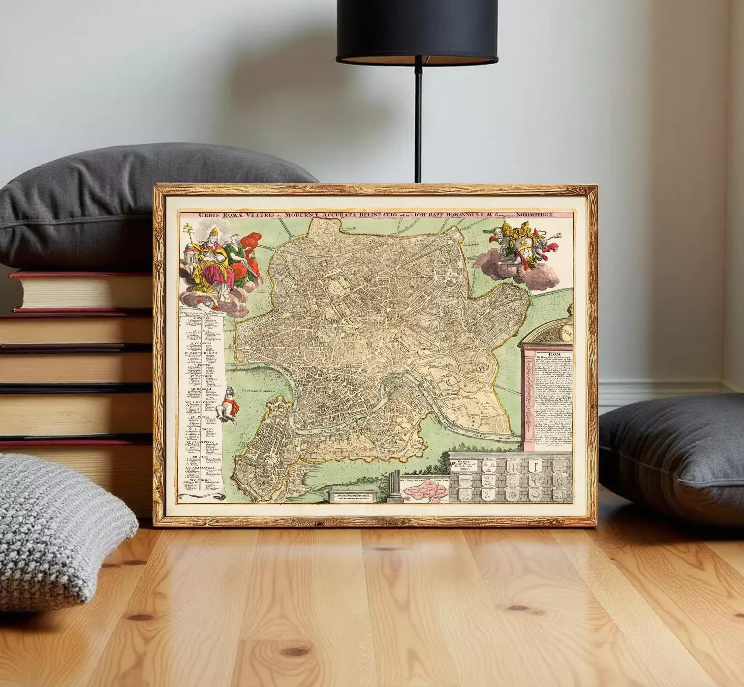 The image is a framed antique map of Rome, Italy, depicting the city's layout and surrounding areas.