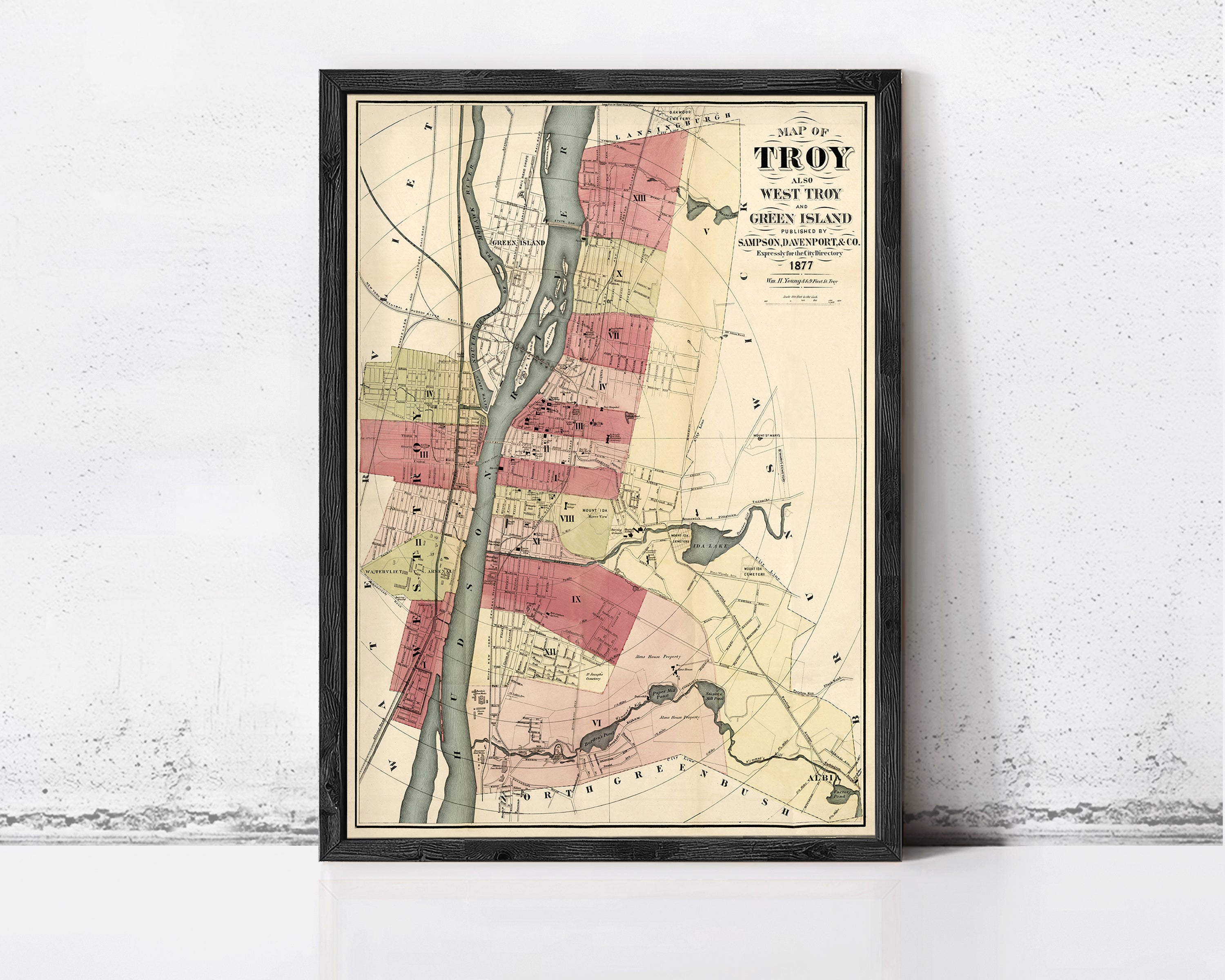 The image is a framed map of Troy, West Troy, and Green Valley, Pennsylvania, dated 1877.