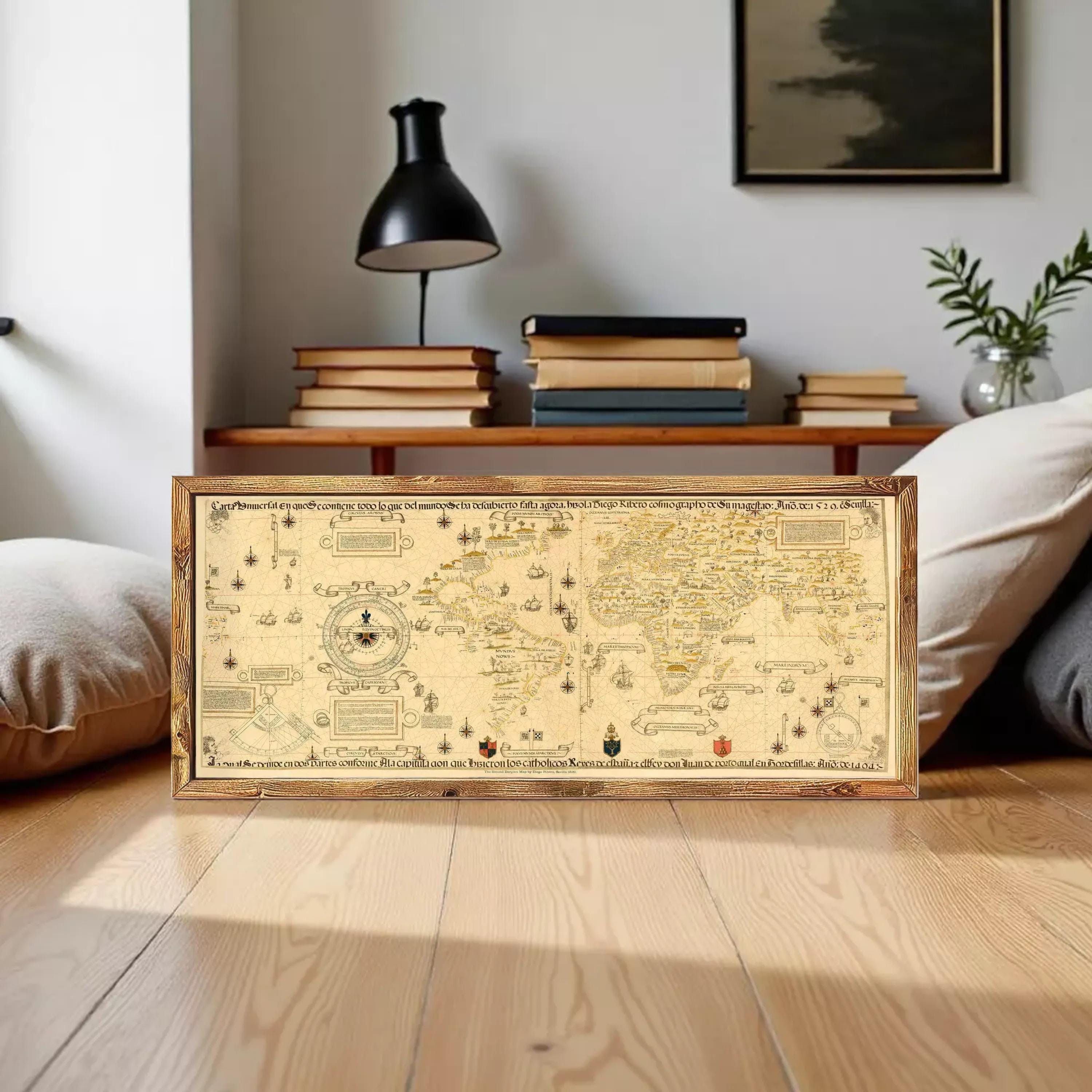The image is a framed vintage map of the world, featuring intricate details and symbols.