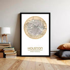 A framed map of Houston, Texas, with the city's name and location displayed prominently.