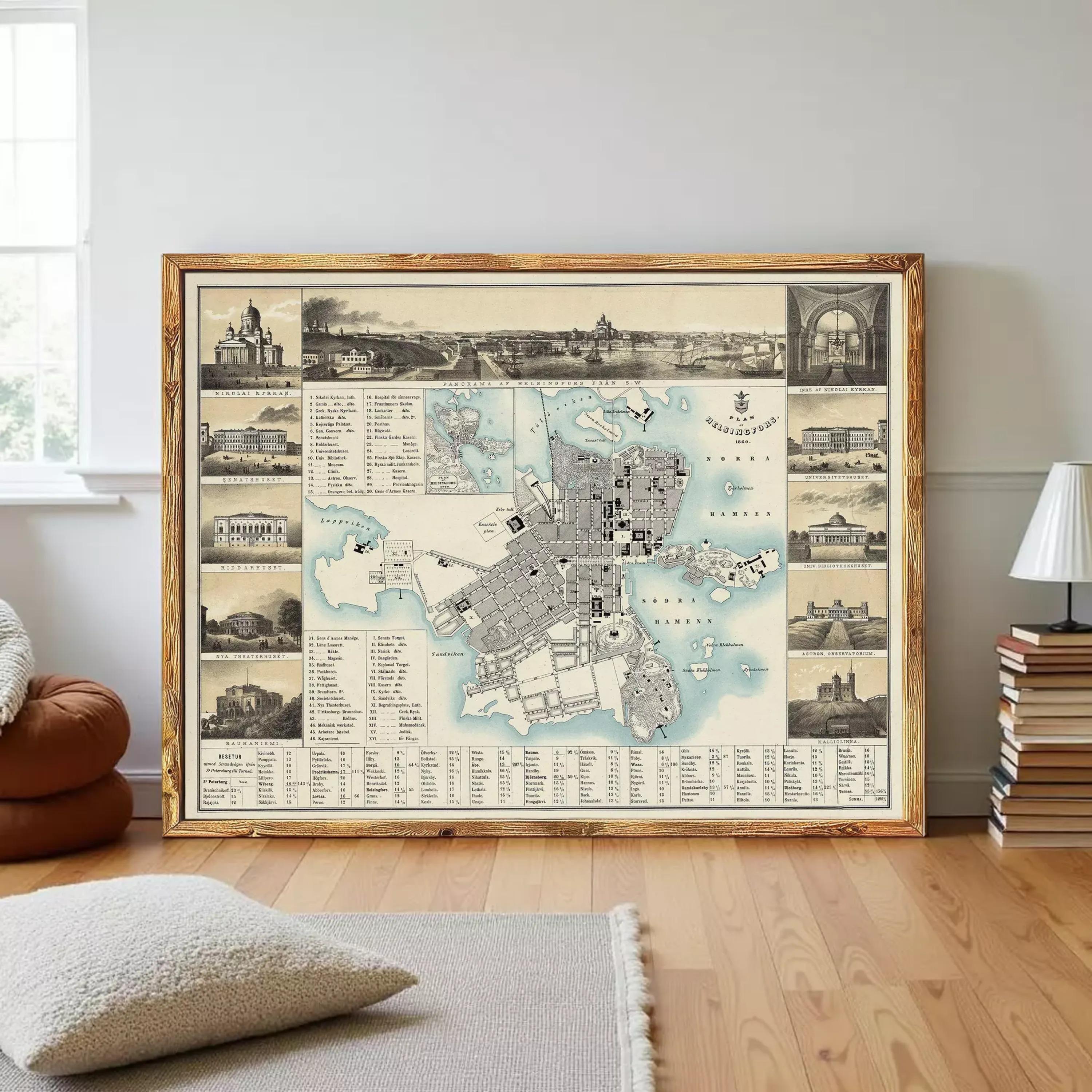 The image is a framed vintage map of a city, featuring various landmarks and buildings depicted in a collage-like arrangement.
