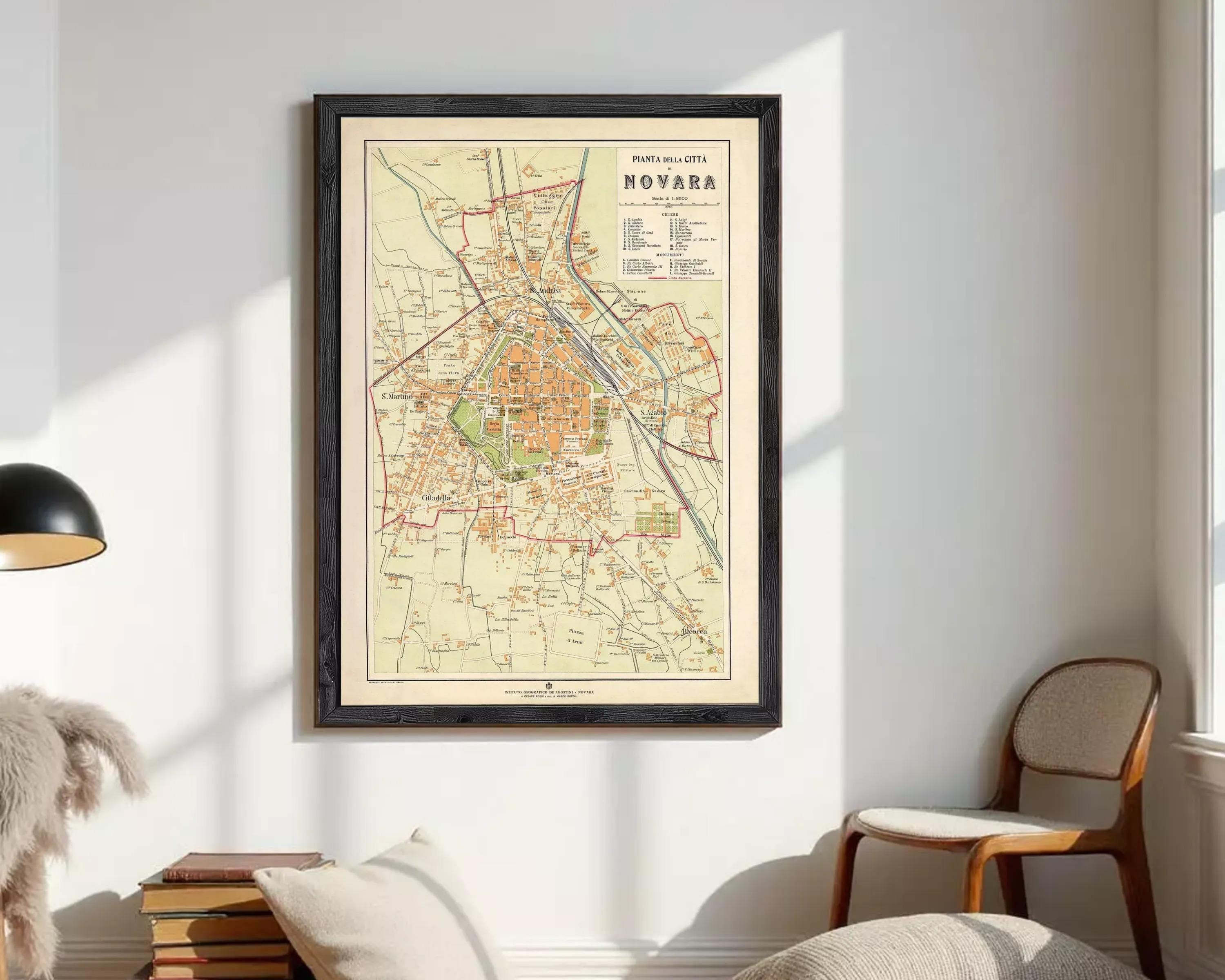 The image is a framed vintage map of Novara, showing the layout of the city and surrounding areas.
