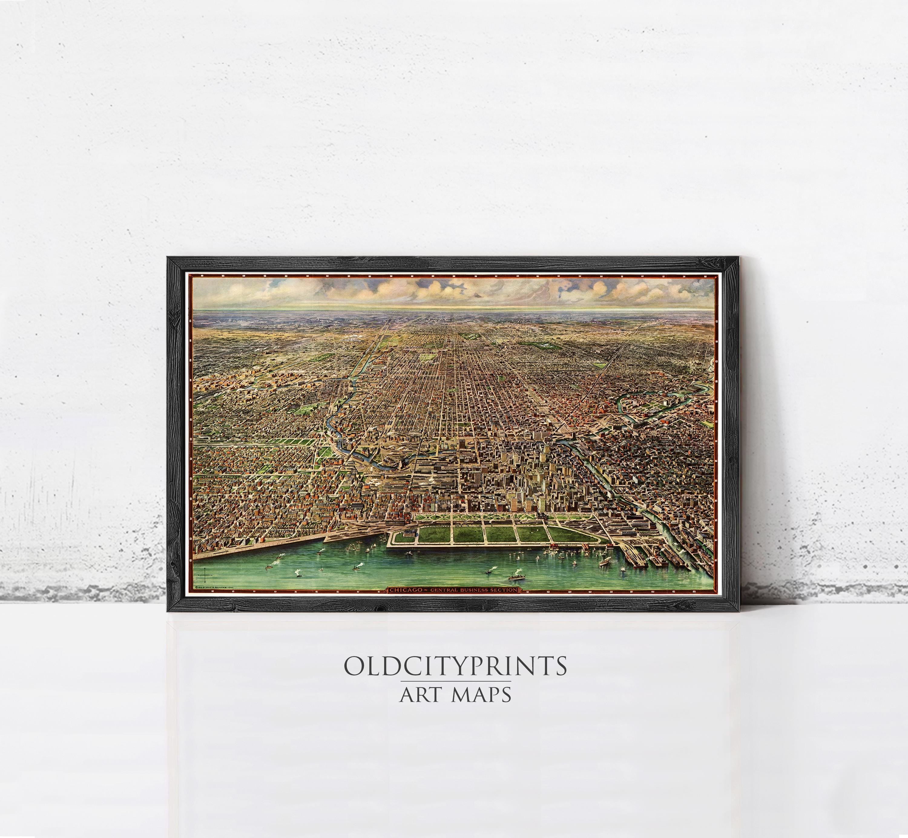 The image is an aerial view of a city, likely Chicago, with a river running through it. The city appears to be densely populated, with numerous buildings and roads visible. The image is framed and displayed on a wall, suggesting it is an art map or a printed representation of a cityscape.