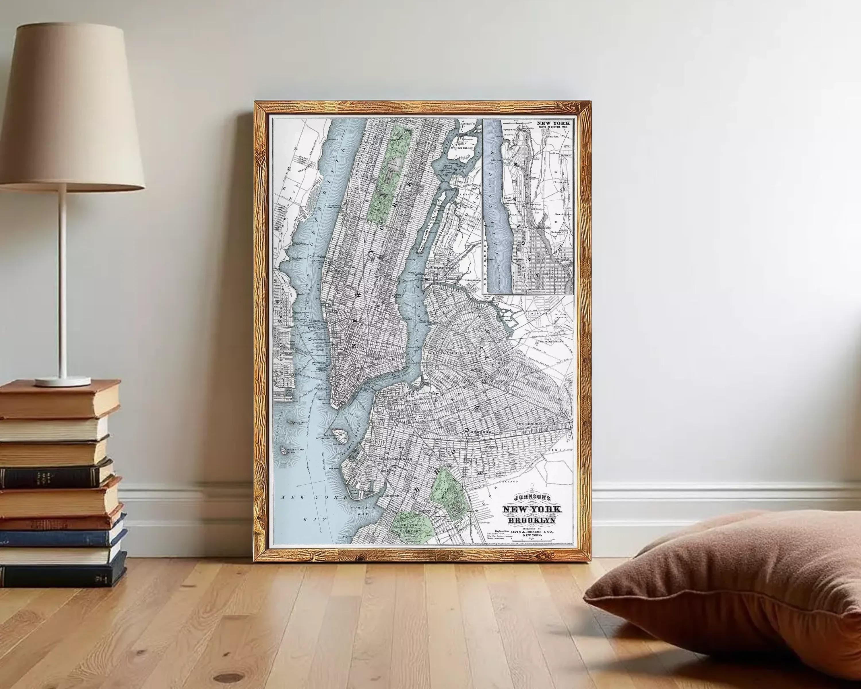 The image is a framed map of New York City, depicting the city's streets, waterways, and surrounding areas.