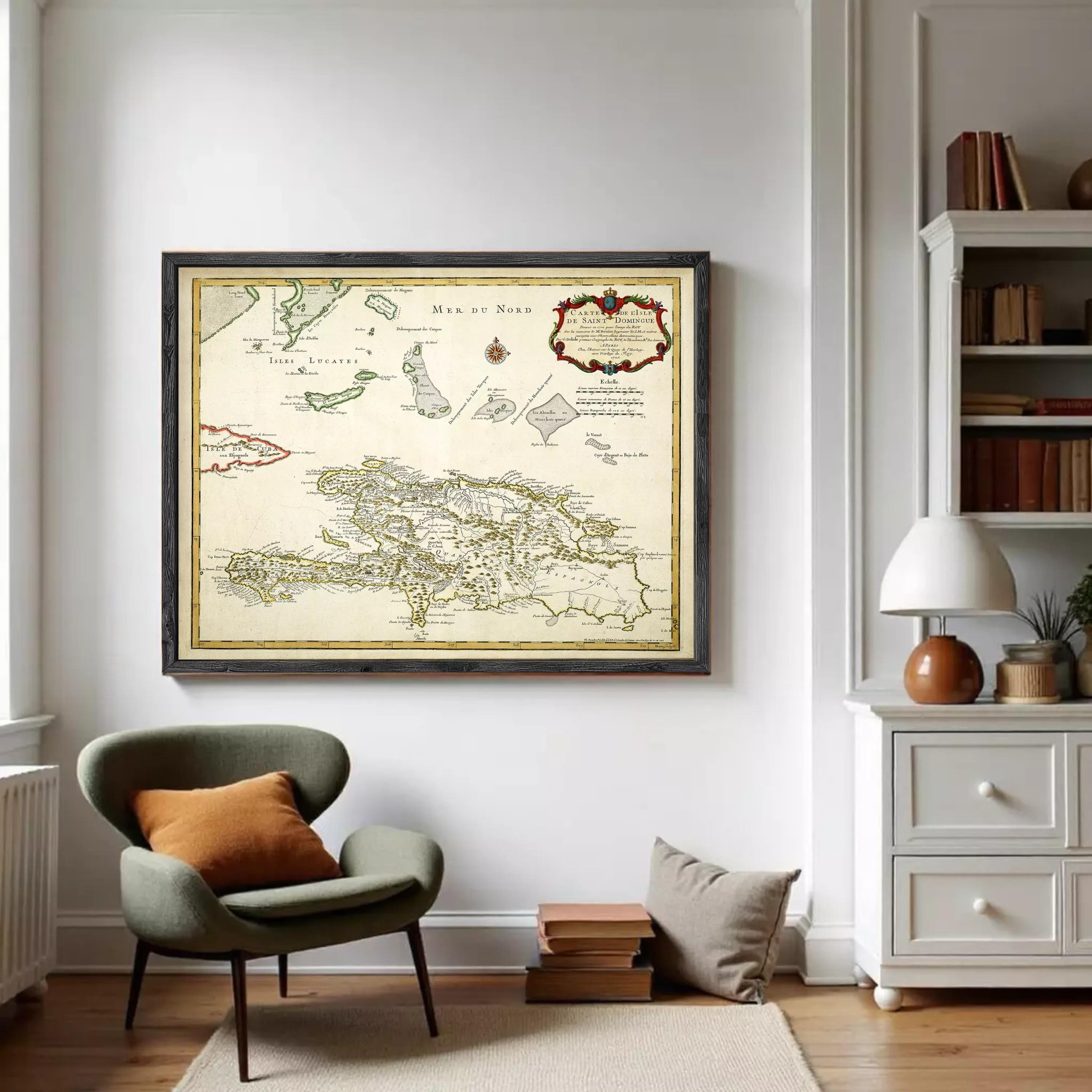 The image is a framed vintage map of the Caribbean region, depicting various islands and coastlines.