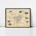 The image is a framed map of a city, with various landmarks and streets depicted in black and white.