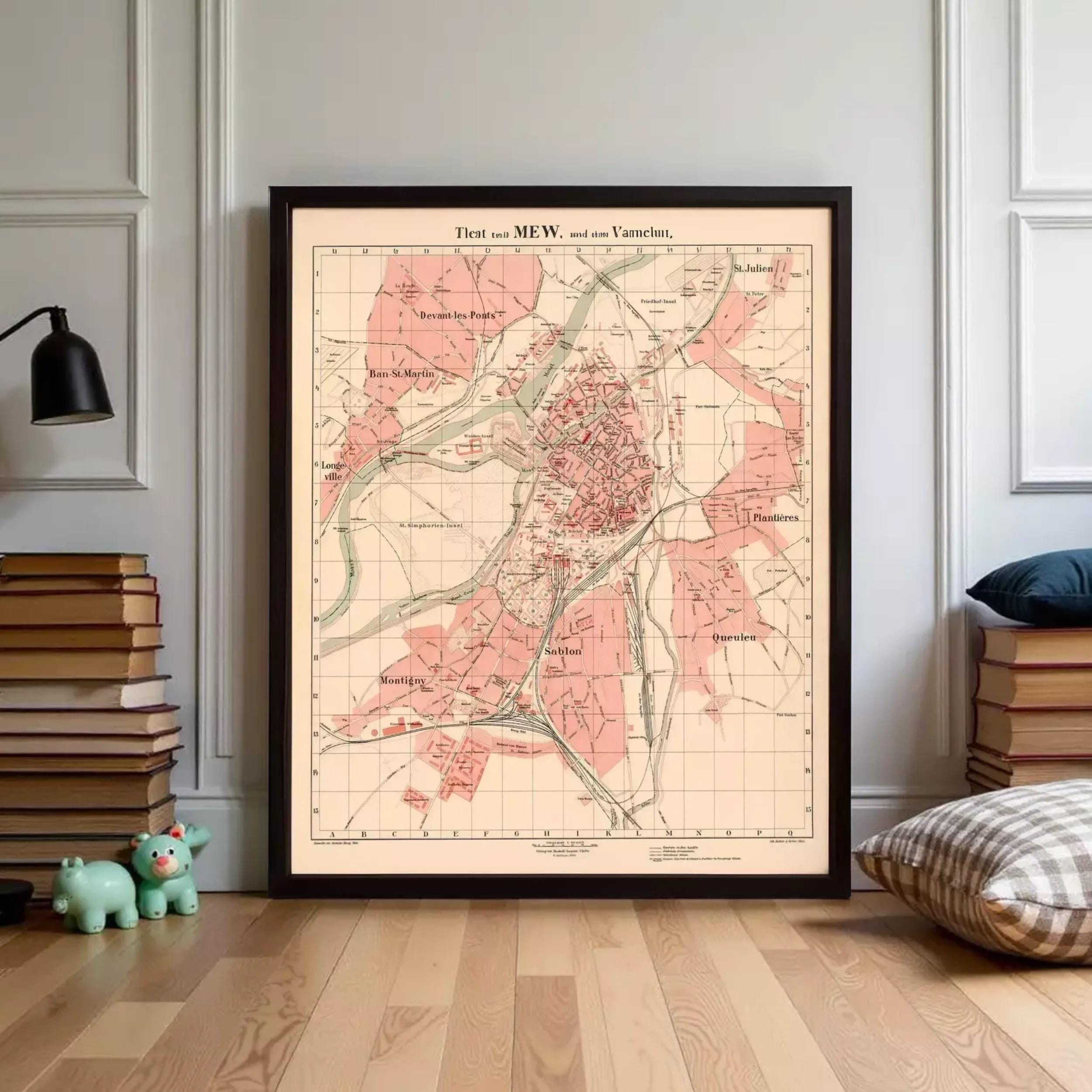 The image is a framed map of a city, likely from the 19th century, with various streets and landmarks labeled.