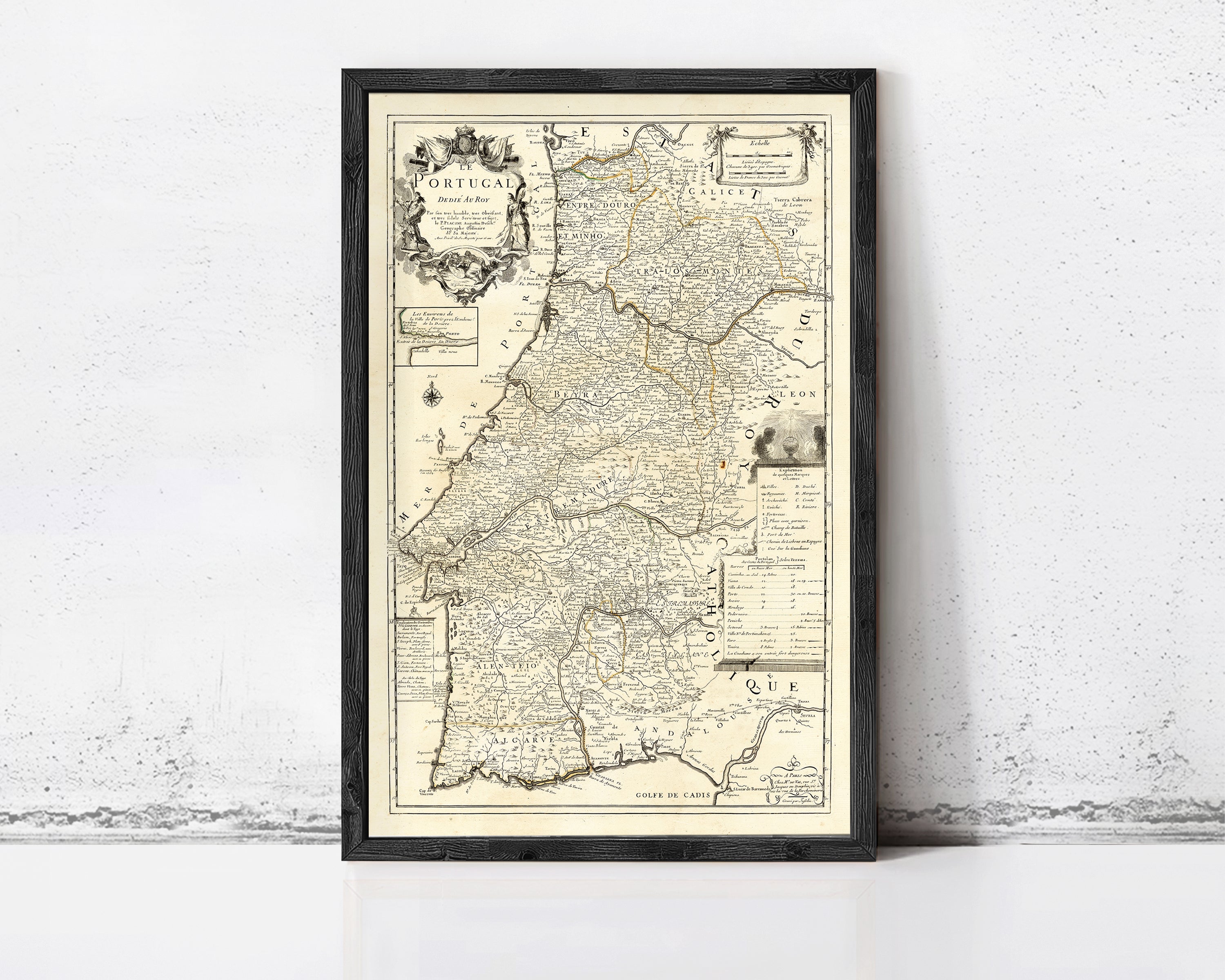 The image is a framed antique map of Spain, featuring detailed geographical information and labels.
