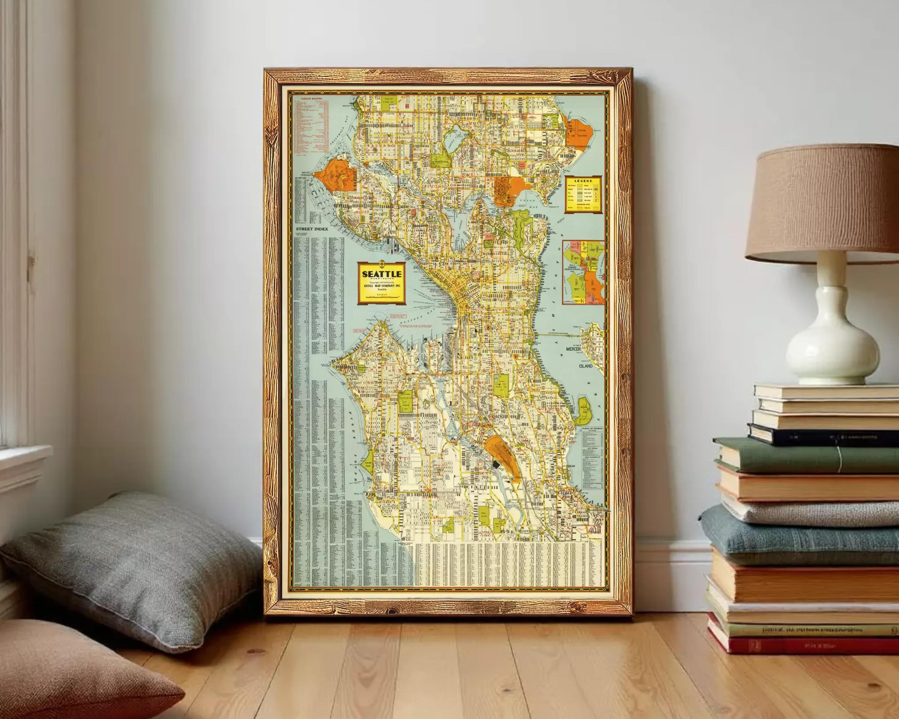 The image is a framed vintage map of Seattle, Washington, United States.