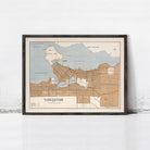 The image is a framed map of Vancouver, Canada, depicting the city's streets and surrounding areas.