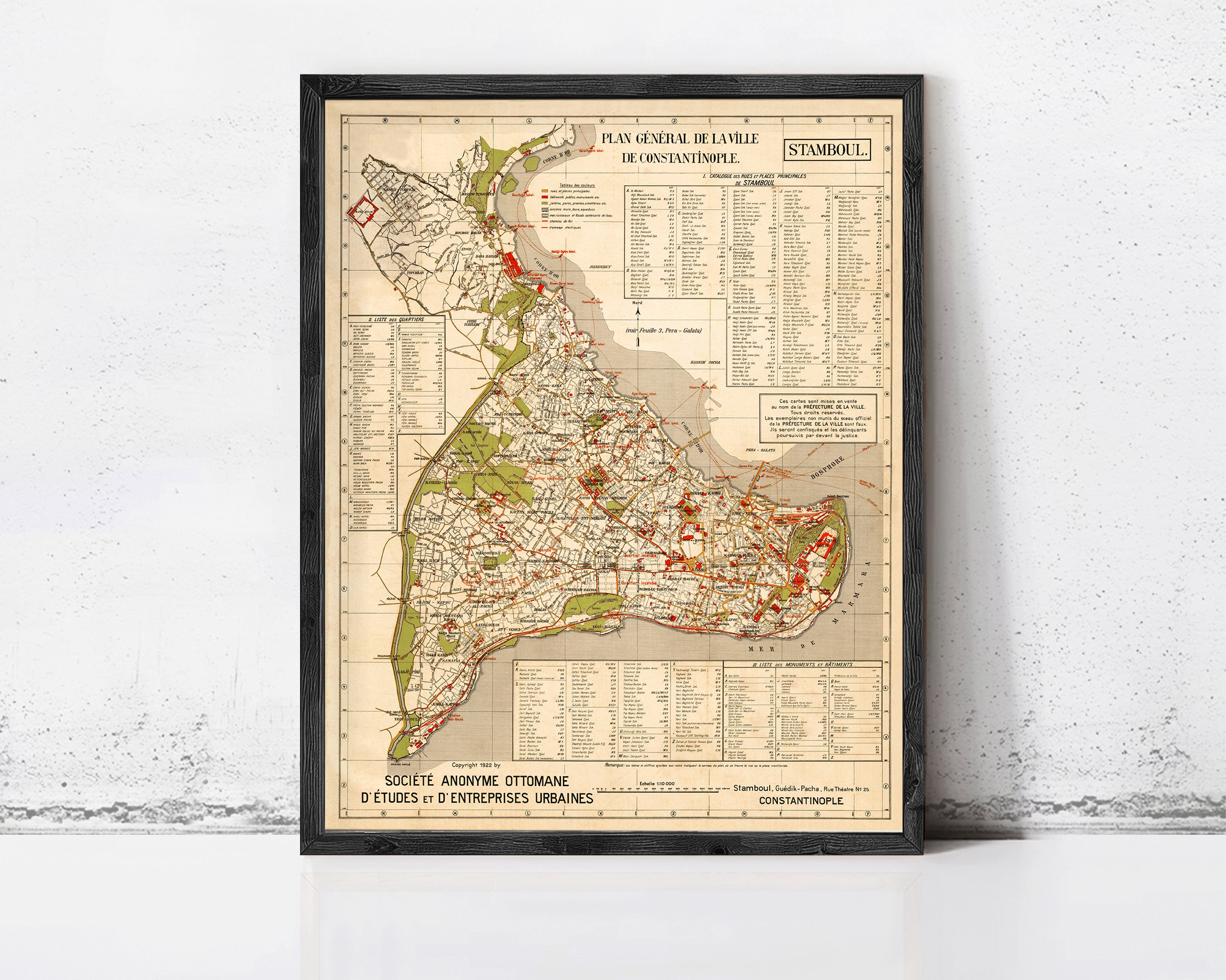 The image is a framed vintage map of Istanbul, Turkey, depicting the city's streets and landmarks.