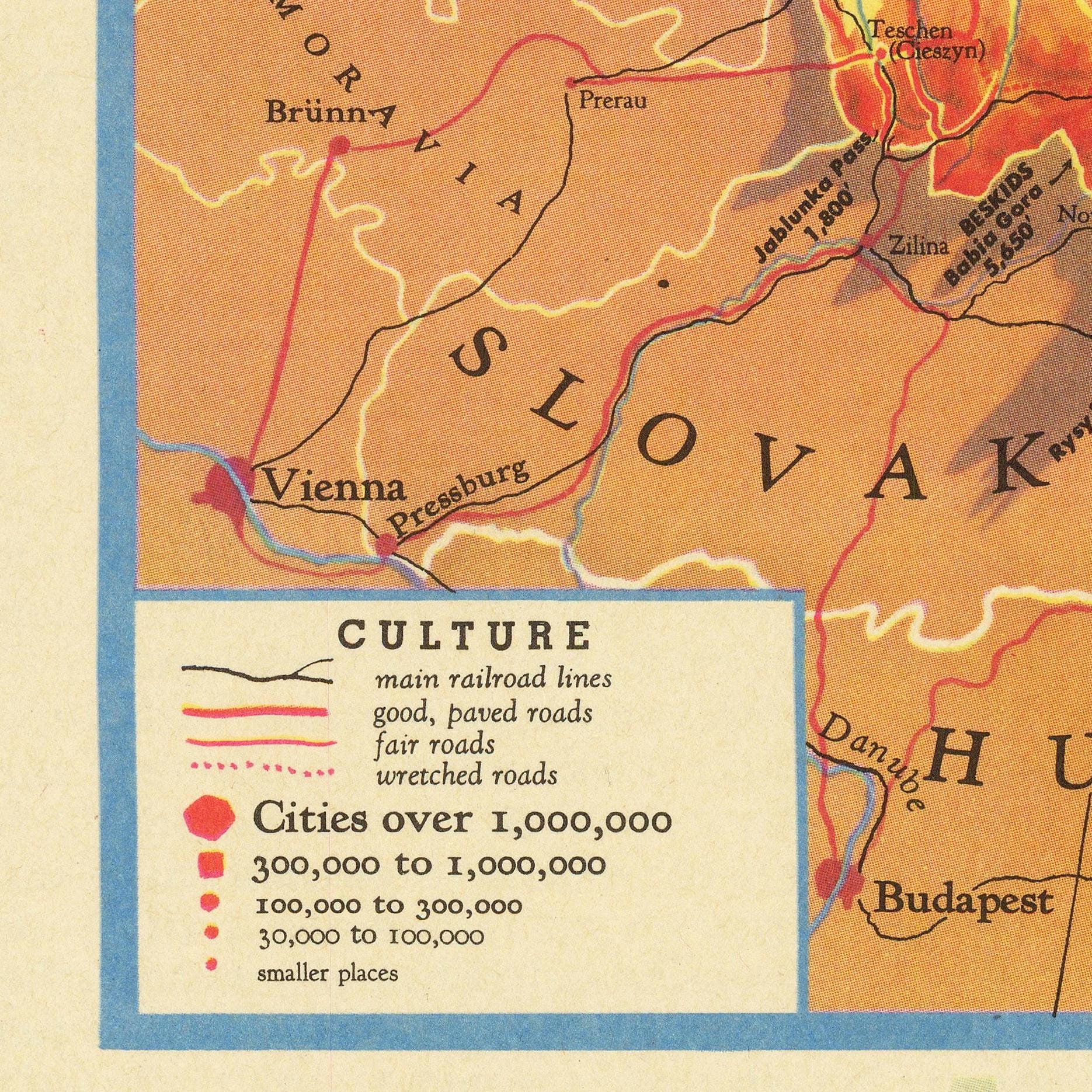 The image is a map of Europe, showing the cities over 1,000,000 people, with a focus on the cities in the Czech Republic, Slovakia, and Budapest.