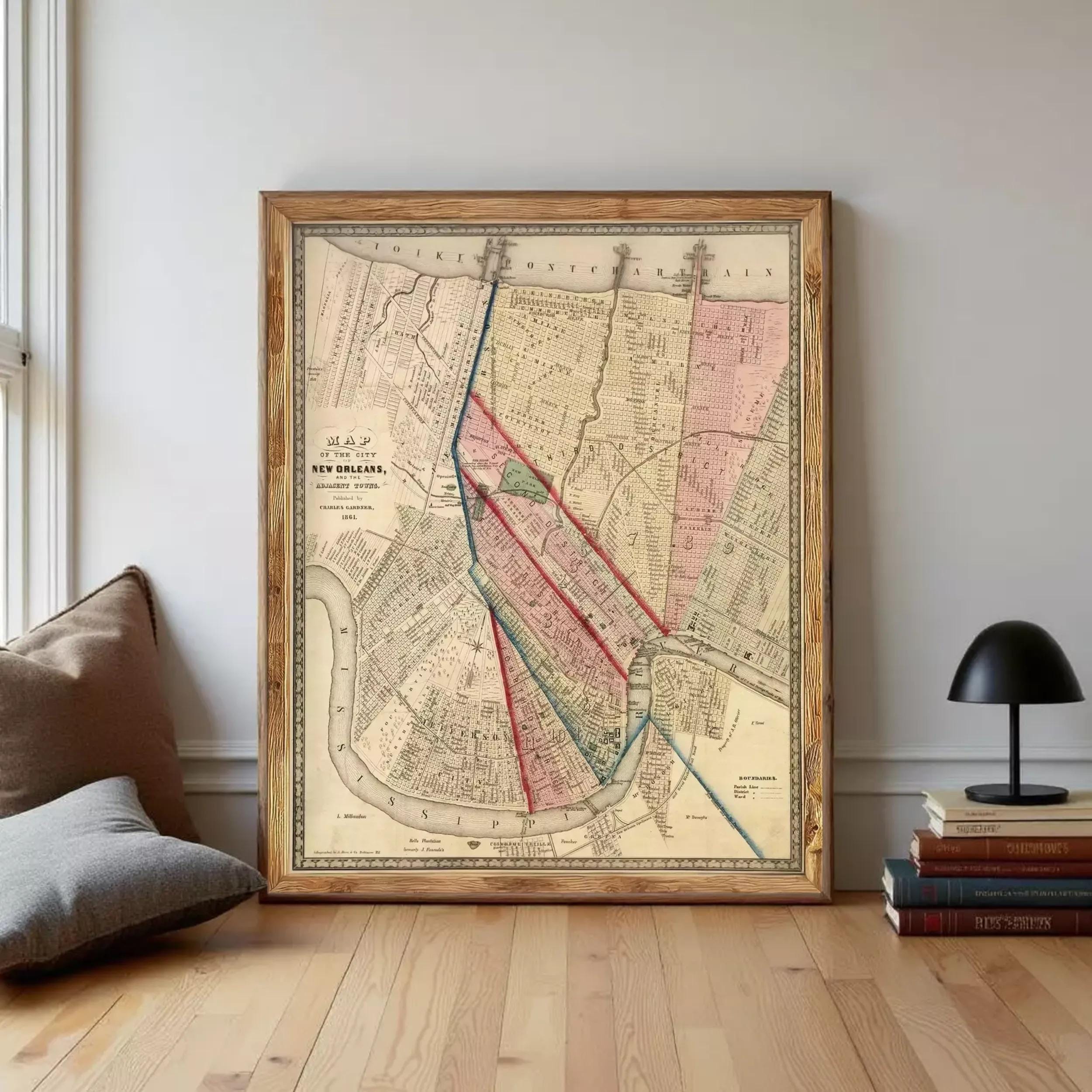 The image is a framed map of New Orleans, Louisiana, depicting the city's layout and surrounding areas.