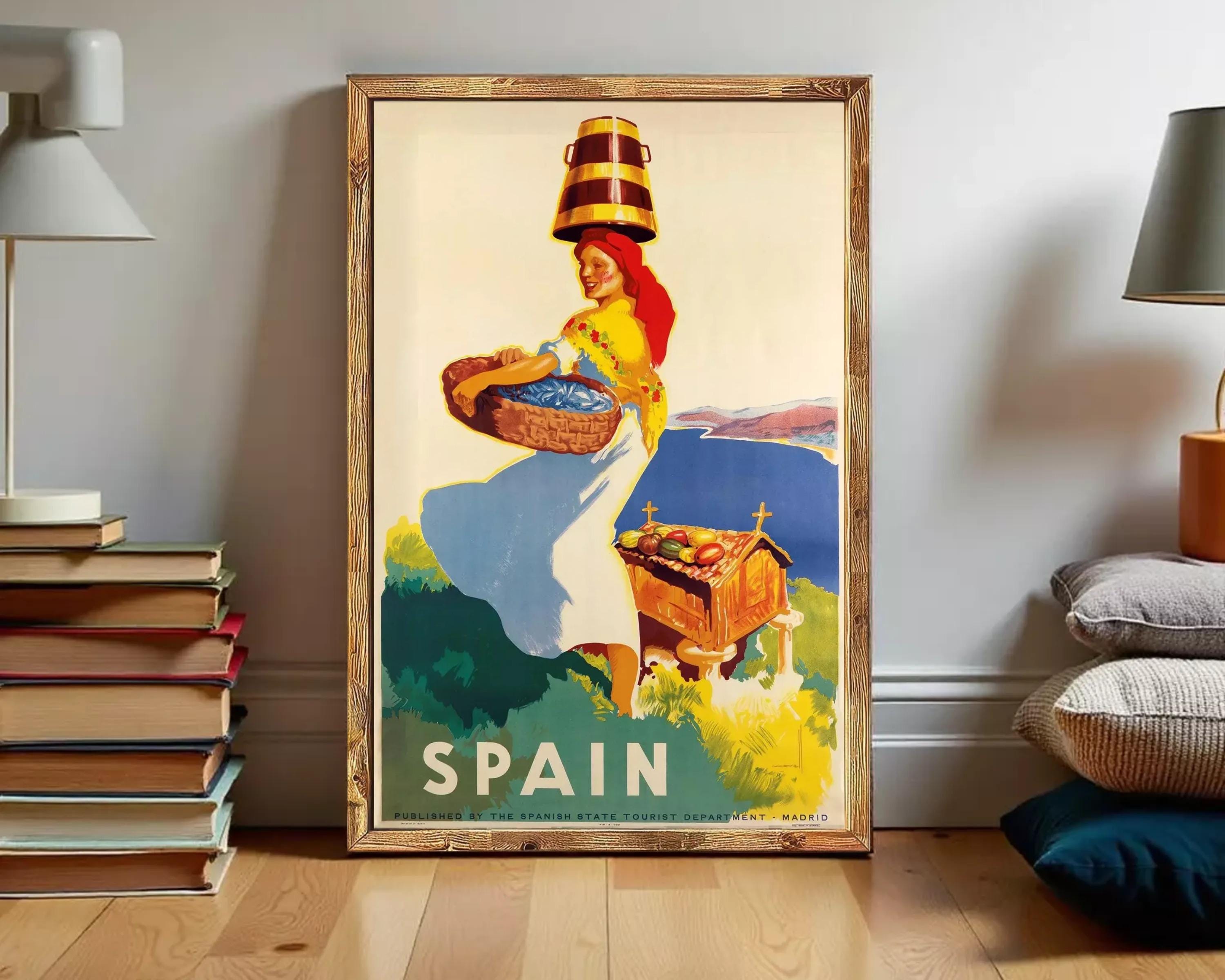 A vintage travel poster featuring a woman carrying a basket of blueberries and a wooden barrel, set against a scenic landscape with mountains in the background.