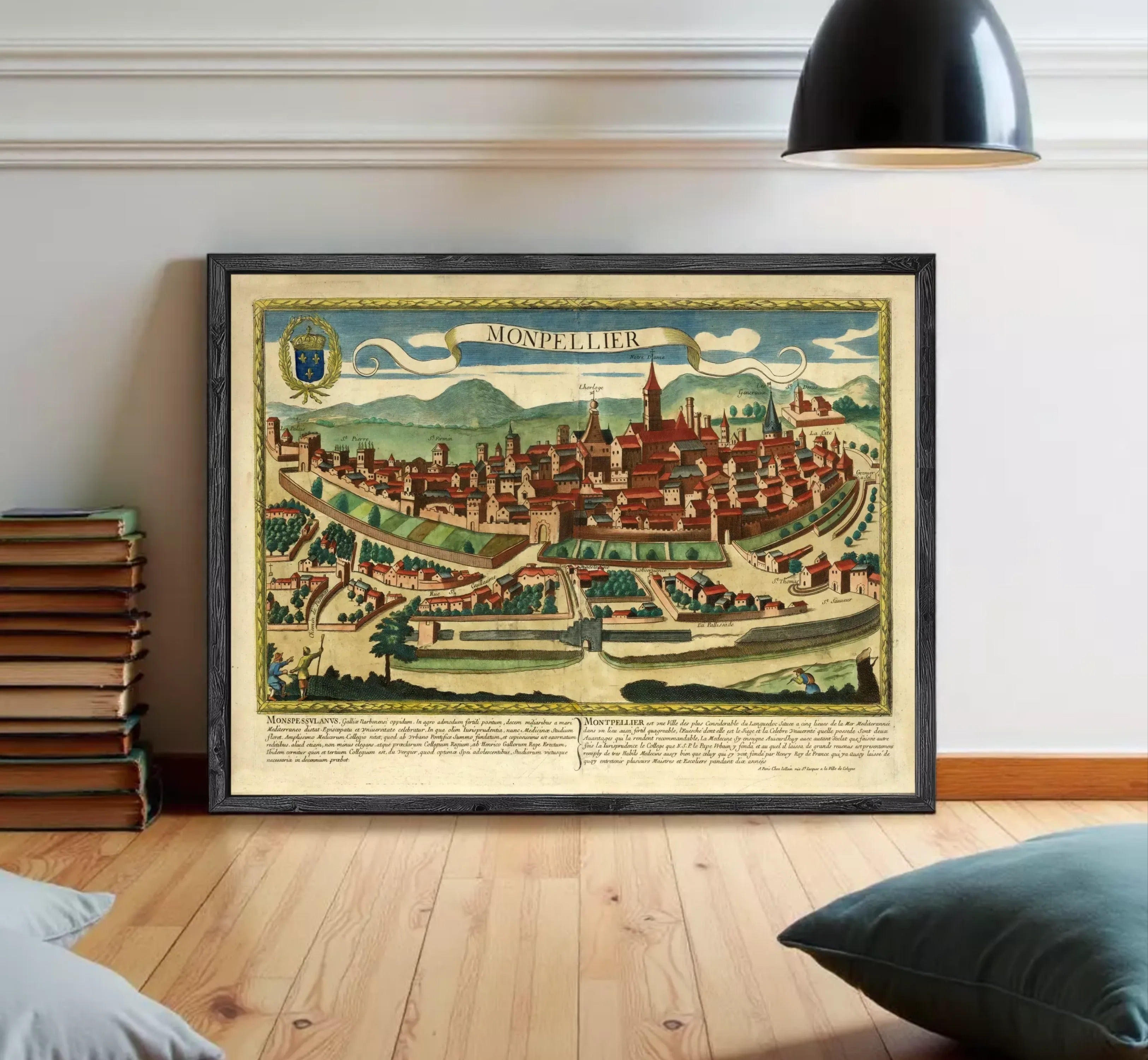 The image is a framed vintage map of the city of Montpellier, France, depicting the city's layout and surrounding landscape.
