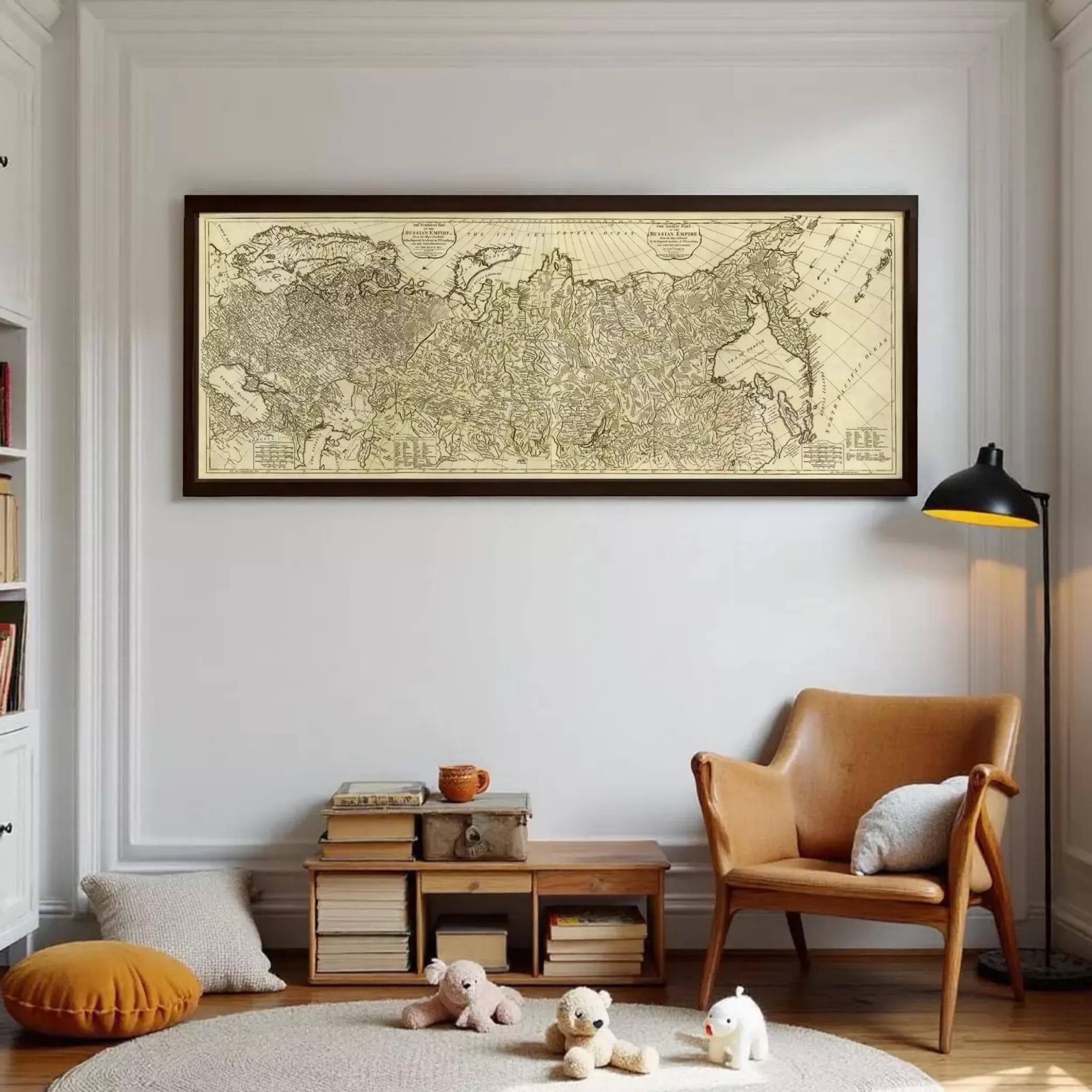 a cozy living room with a large framed map of the world hanging on the wall above a wooden coffee table. The coffee table is surrounded by several books and stuffed animals, creating a warm and inviting atmosphere.