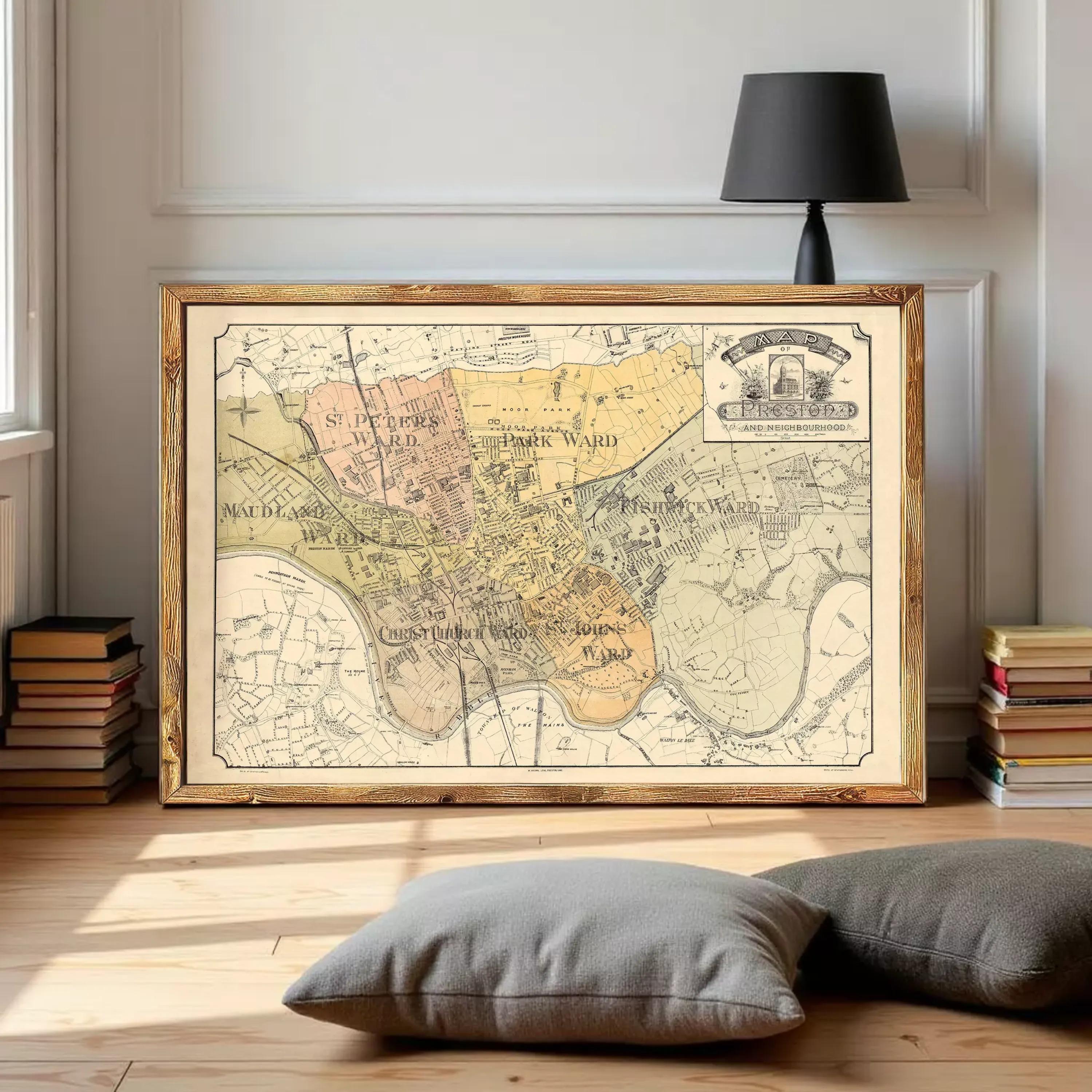 The image is a framed vintage map of a city, likely London, with various streets and landmarks labeled.