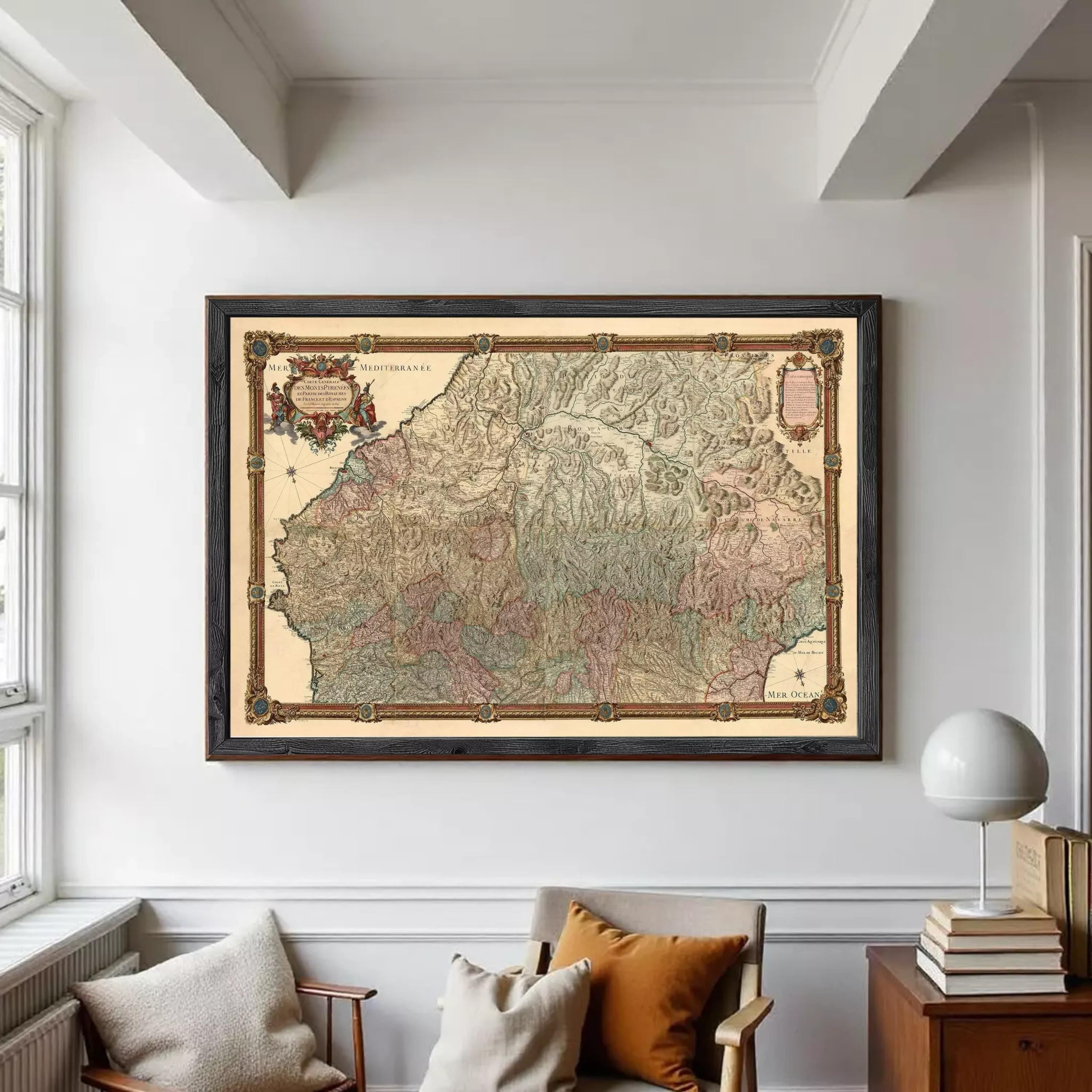 The image is a framed antique map of Europe, depicting the continent and surrounding areas in a detailed and intricate manner.