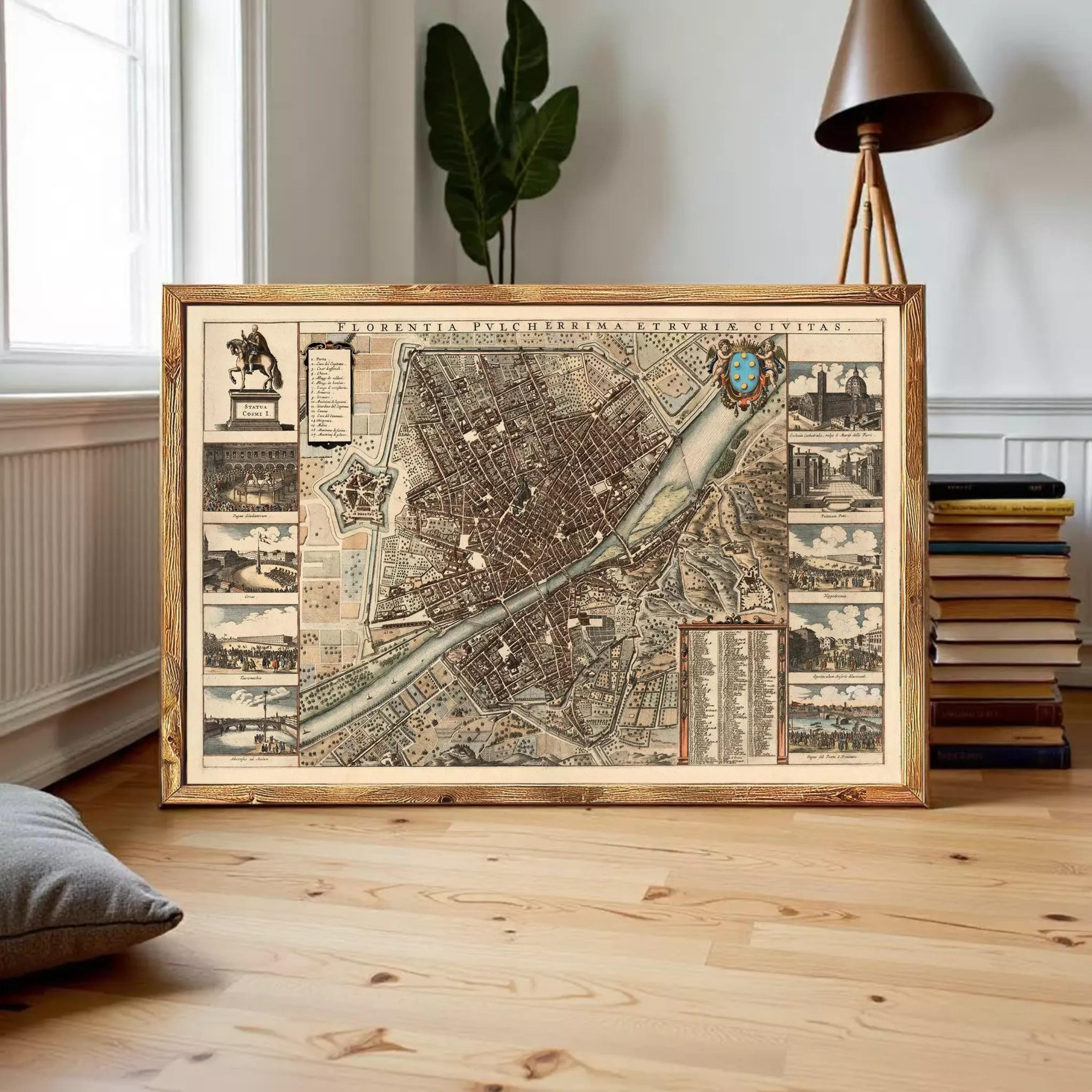 The image is a framed vintage map of a city, likely Florence, Italy, with various landmarks and streets depicted.