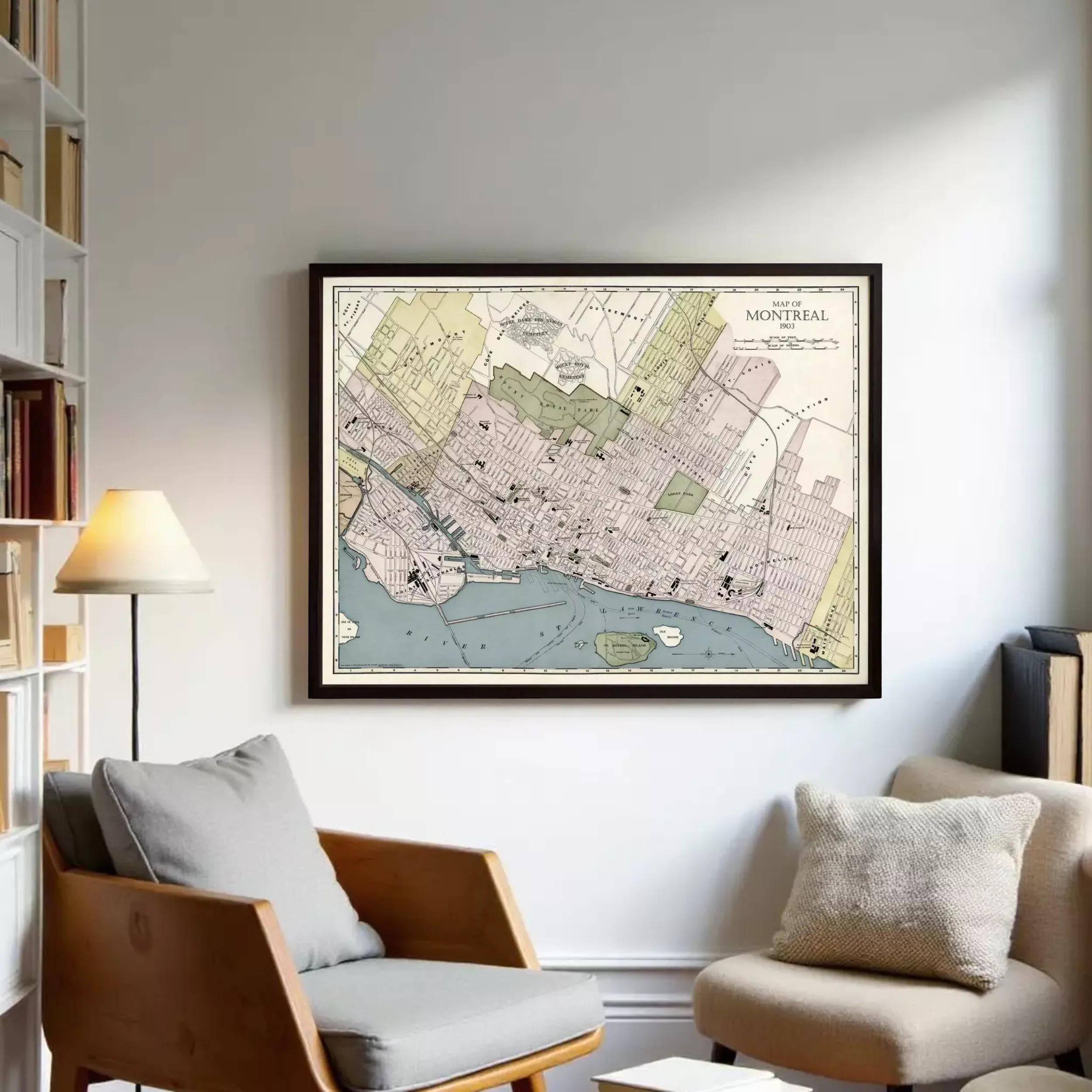 The image is a framed vintage map of Montreal, Canada, depicting the city's streets, neighborhoods, and surrounding areas.