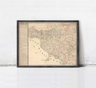 The image is a framed vintage map of Italy, showing the country's geographical layout and various regions.