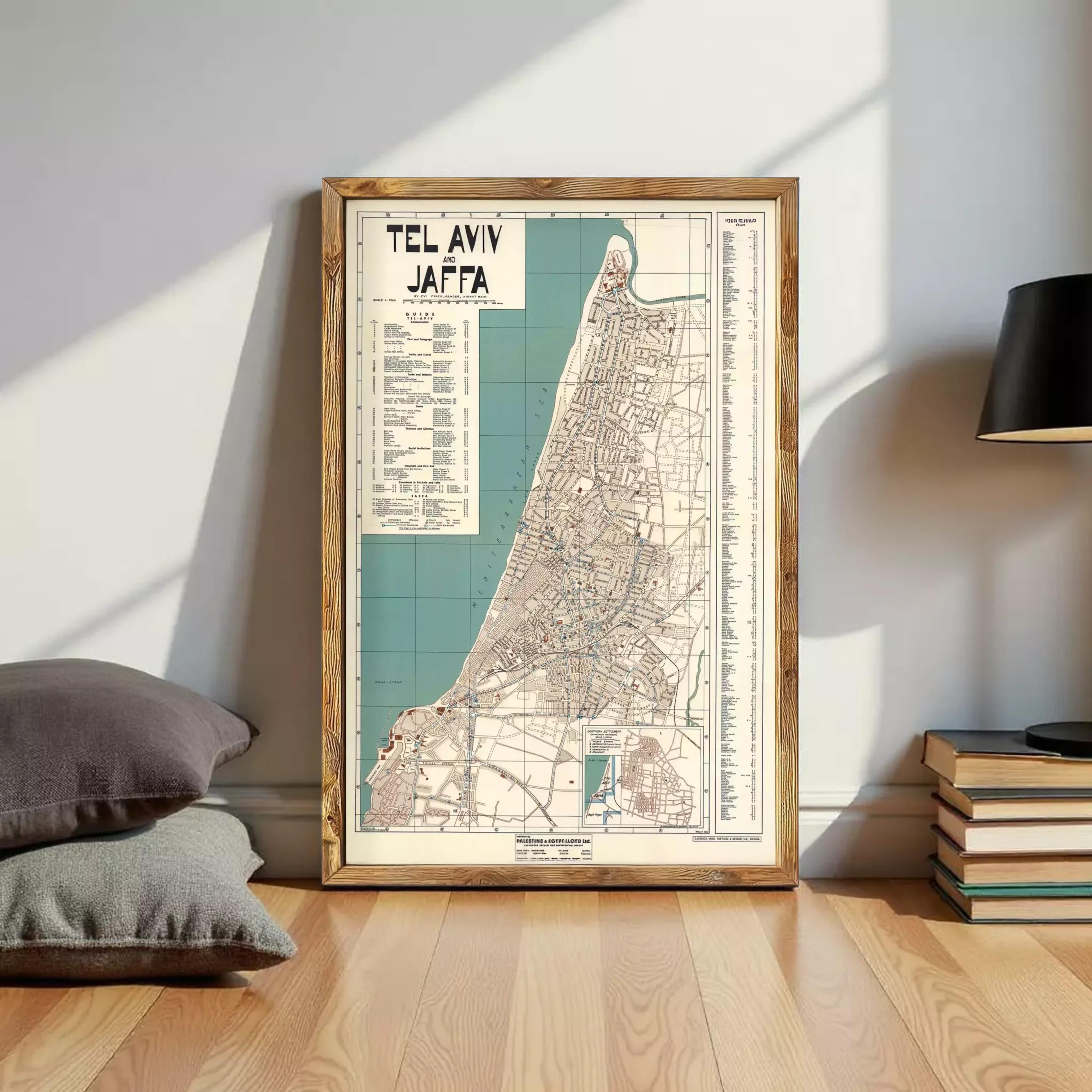 The image is a framed vintage map of Tel Aviv, Jaffa, Israel, showing the city's streets, landmarks, and surrounding areas.