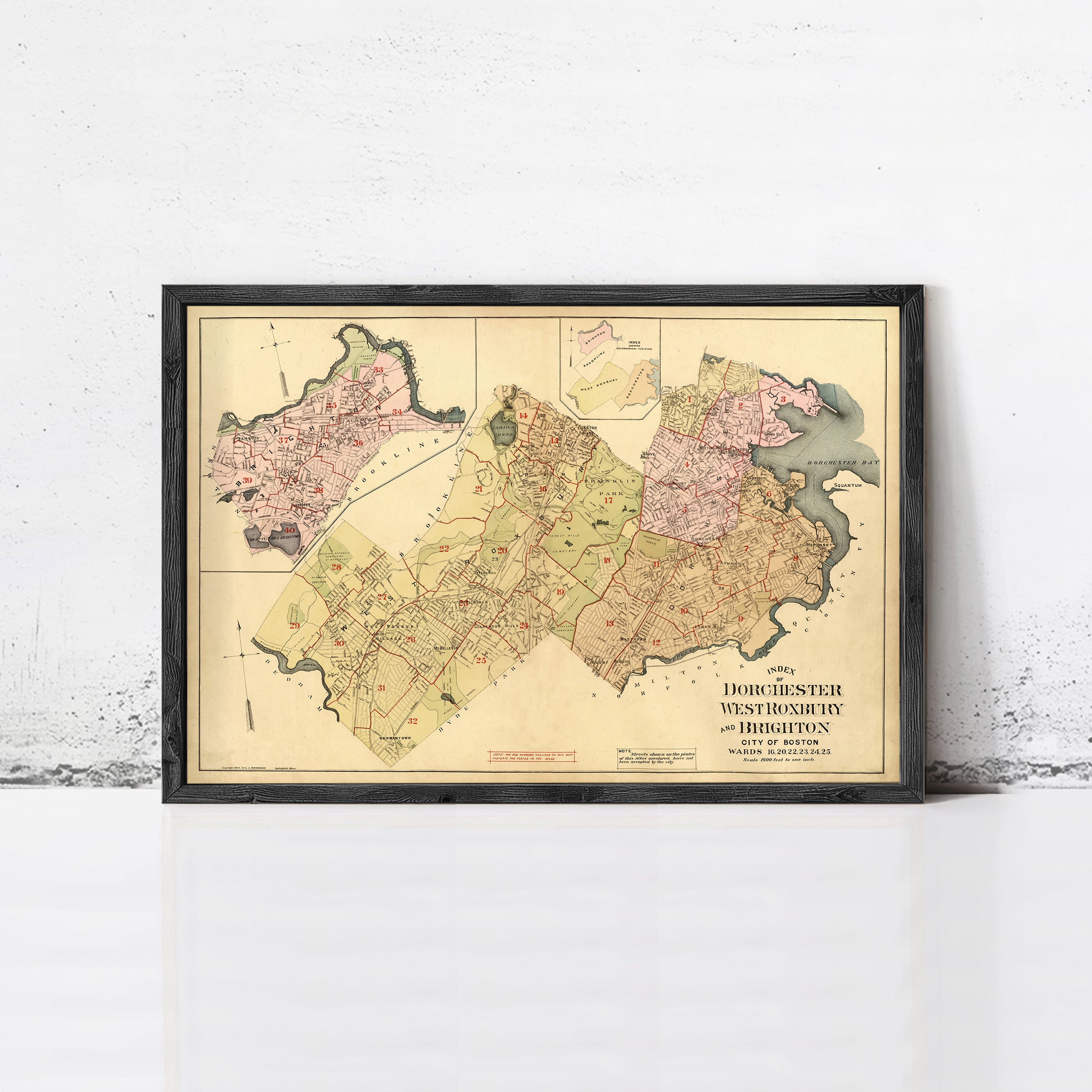 The image is a framed vintage map of the Dorchester neighborhood in Boston, Massachusetts.