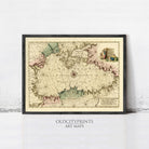 The image is a framed vintage map of the world, featuring intricate cartography and detailed geographical information.